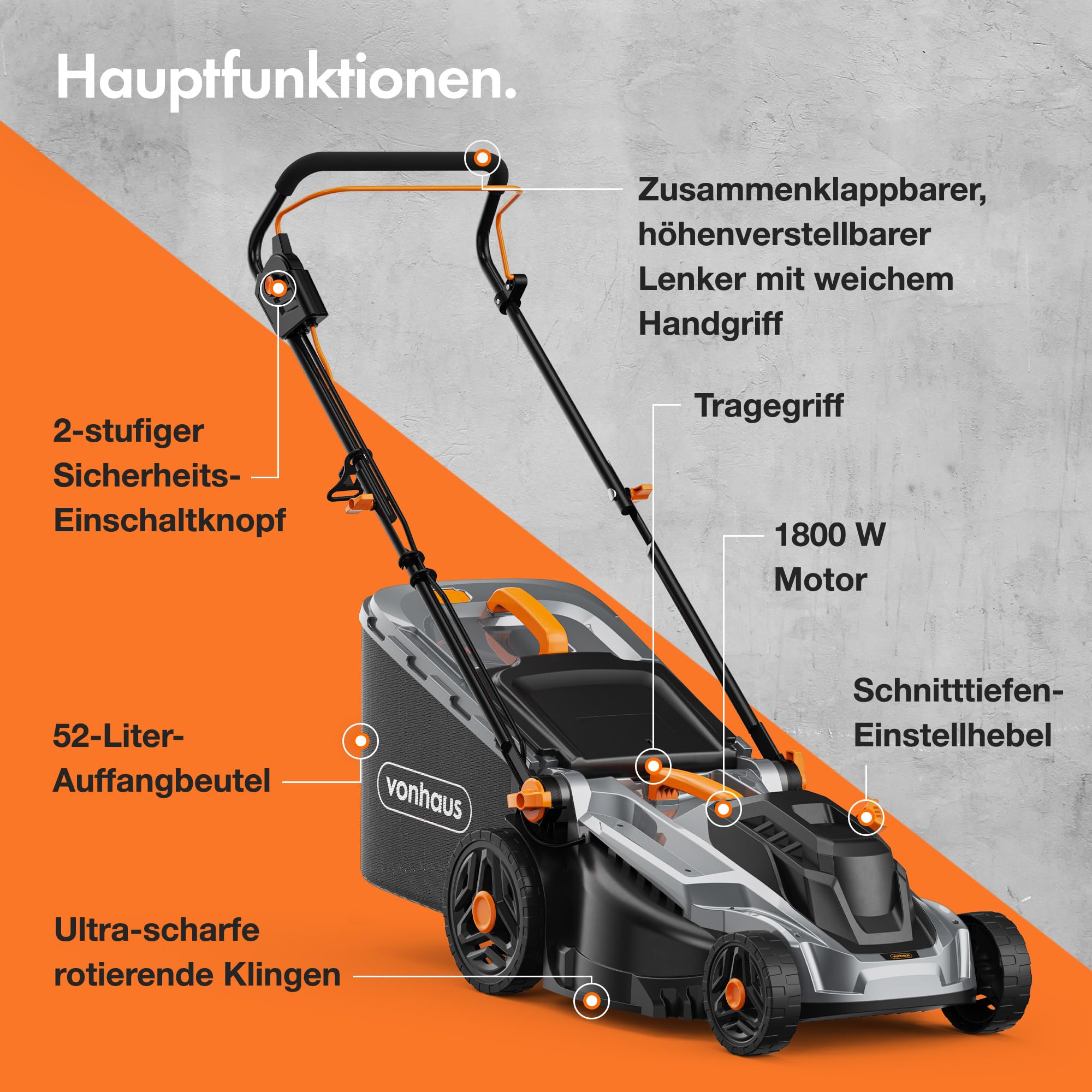 VonHaus Rasenmäher Elektro 1800W mit Mulchfunktion, Rasenmäher mit Kabel | Für alle Grasarten- 52L Fangkorb, 430mm Schnittbreite, 5 Schnitthöhen 25-70mm, Höhenverstellbarer Ergonomischer Softgriff