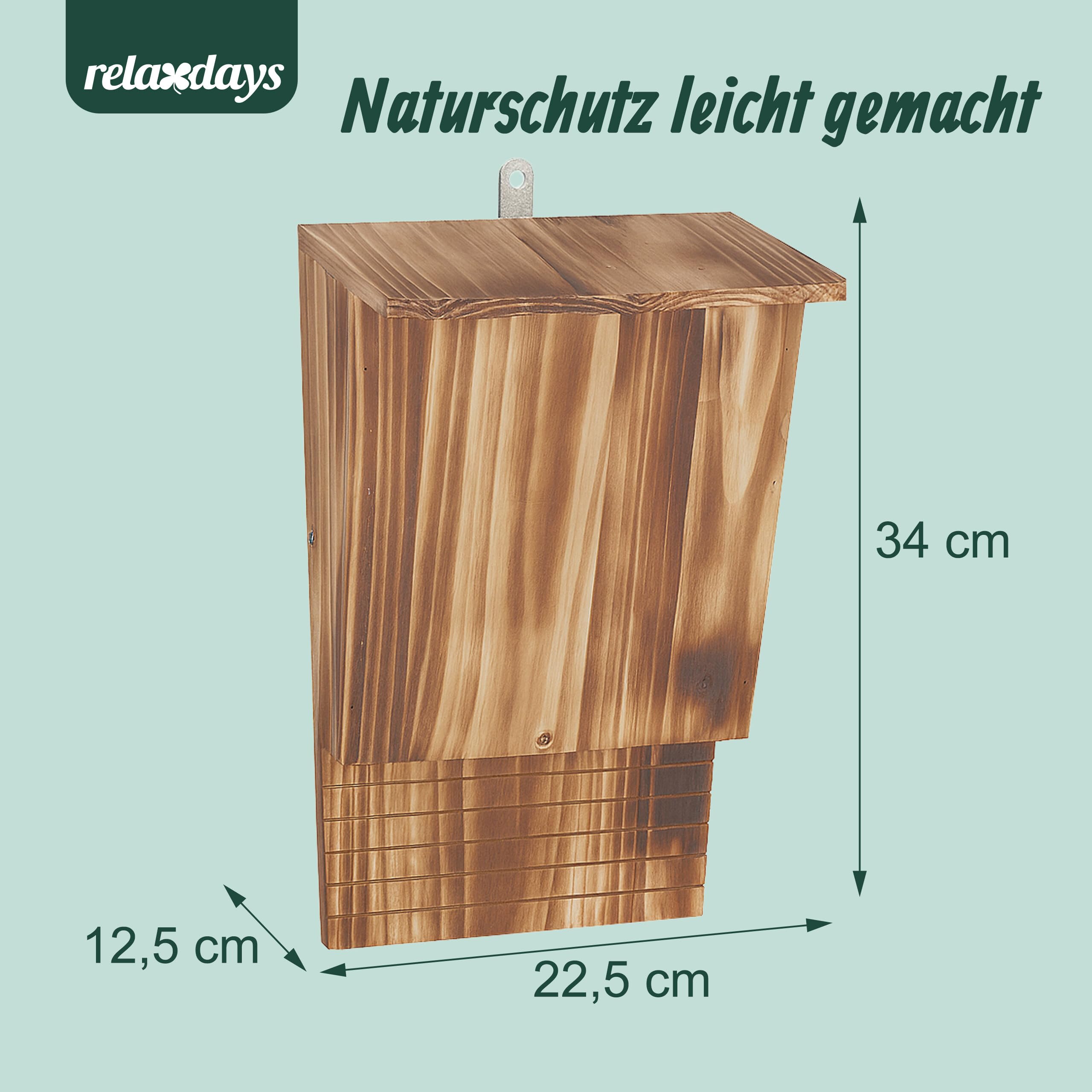 Relaxdays Fledermauskasten 4 Unterschlüpfe HBT 34 x 22,5 x 12,5 cm geflammt Fledermaushotel Natur