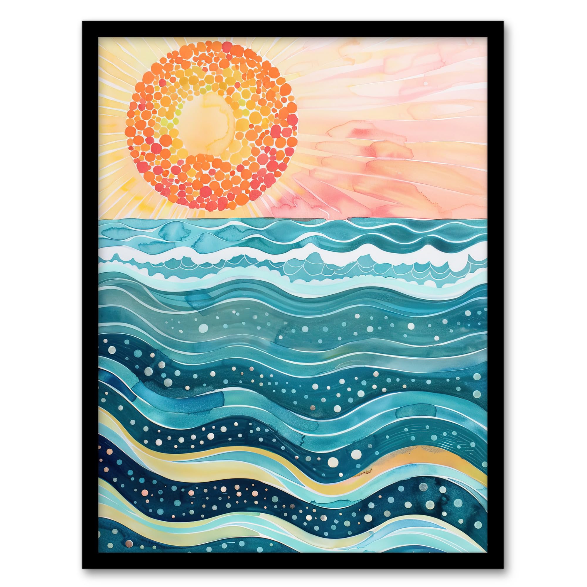Artery8 Sun Rising Over Sea Waves Blue Orange Folk Art Framed Wall Art - A4 Size