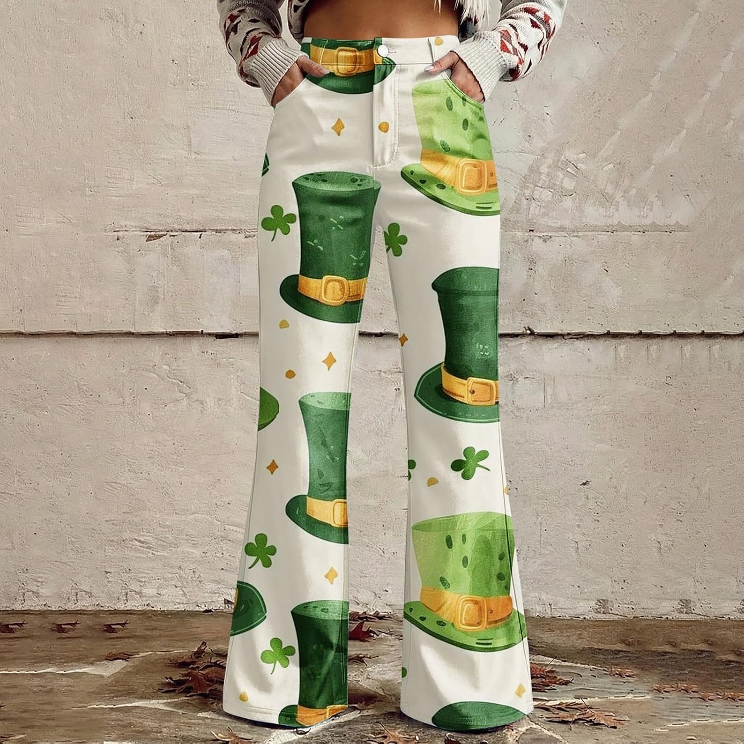 St Patricks Day Pants for Women High Waist Wide Leg Baggy Plus SizeIrish Green Shamrock Print Pant with Pockets - Image 2
