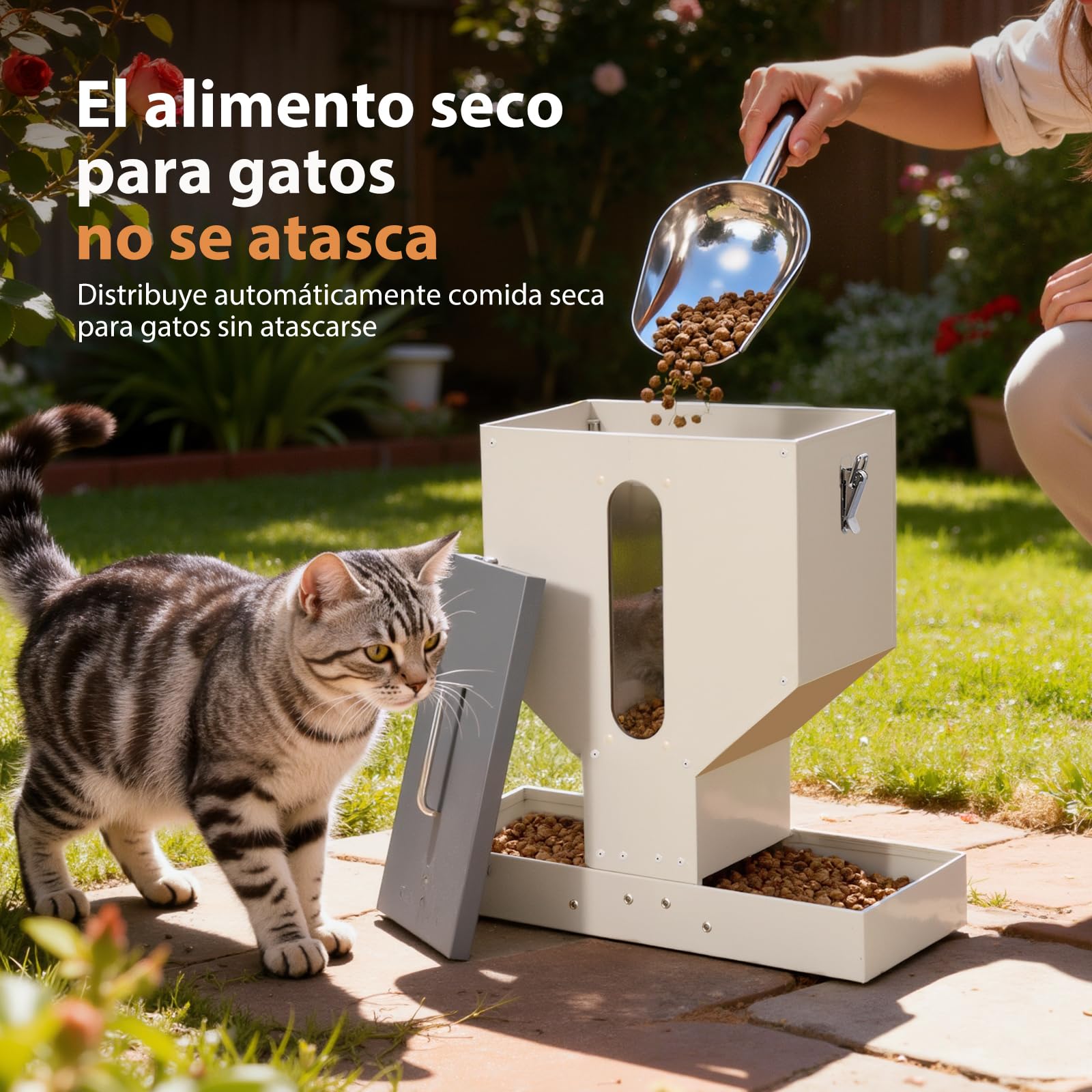 Comedero Automático para Gatos 2 Recipientes, Dispensador de Comida Seca para Gatos, 10L, Metal, Dispensador de Comida para Gatos y Perros Pequeños, Fácil de Limpiar