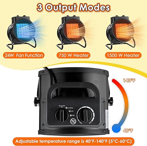 Miniatura 2 de Calentador eléctrico para uso en interiores, calentador de garaje portátil de calentamiento rápido de 1500 W con ángulo ajustable de 90, calentador