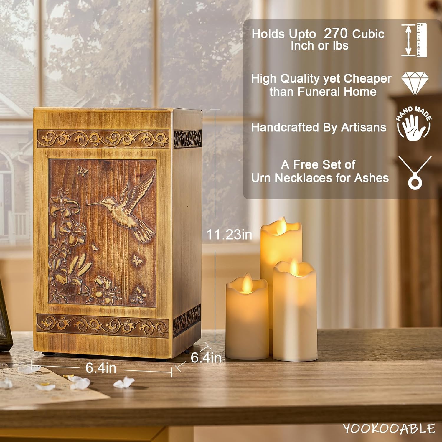 Wooden Urn for Ashes Adult Male Female, Handcrafted Large Cremation Urns Box for Human Ashes Adult Man Woman, Memorial Decorative Funeral Urn with Hummingbird Carvings, with Velvet Bag & Necklace - Image 3