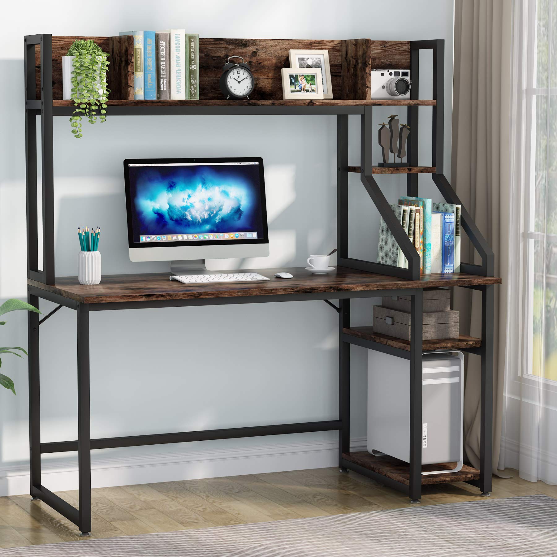 Tribesigns Computer Desk with Hutch and 5-Tier Bookshelf, 55 Inch Home Office Desk with Reversible Storage Shelves, Modern Study Desk Gaming Table Workstation, Rustic Brown