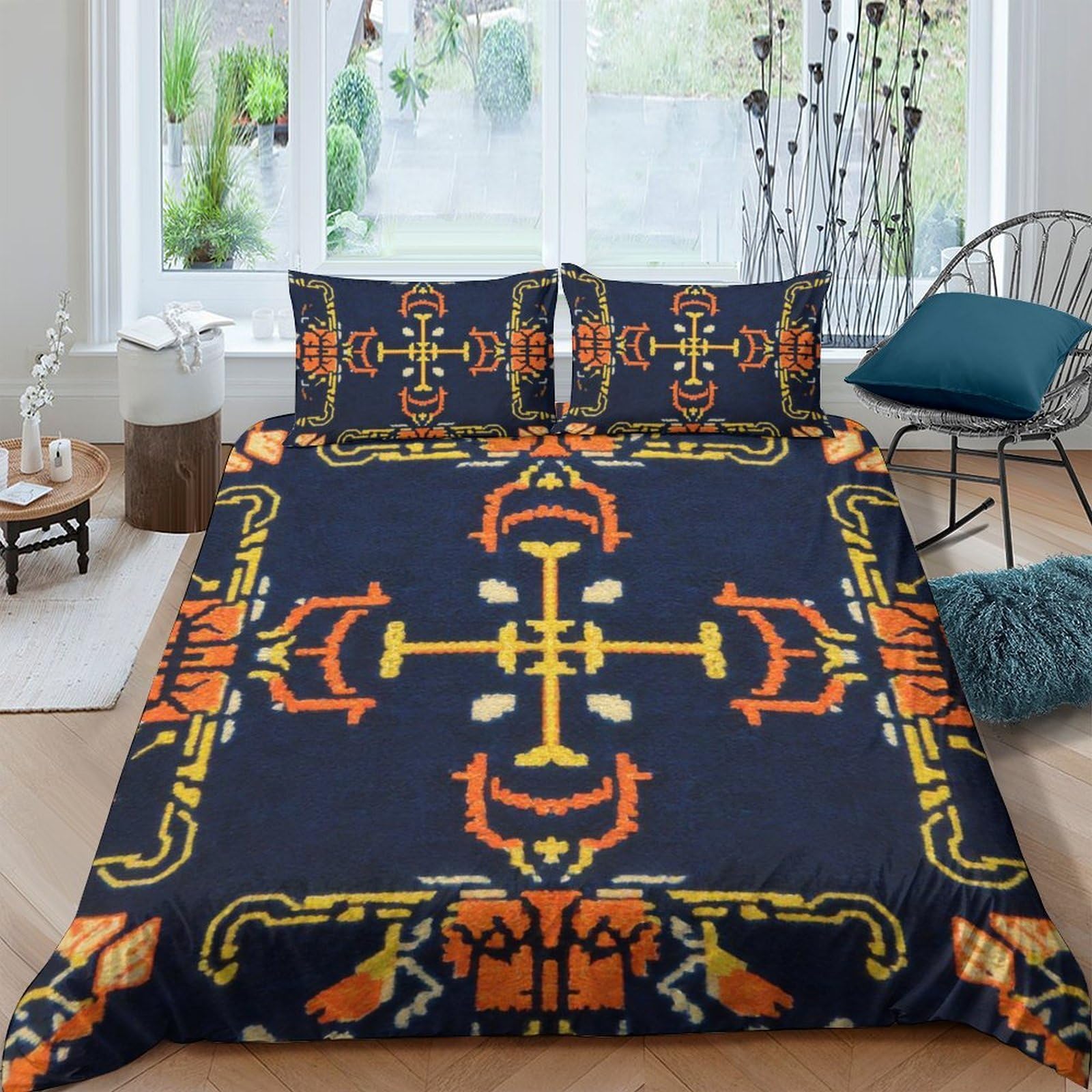 Ctjqhvkz Style-10 3D Printed Tribal Ethnic Fitted Sheet Microfiber Soft Navy Orange Decorative Aztec Bed Cover For Bedroom Dorm Mattress Protection Single（135X200cm）