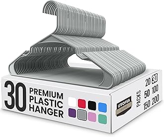 Utopia Home Plastic Hangers 30 Pack - Perfect Space Saving Clothes Hanger - Durable and Strong - Perfect Closet Organizers with Shoulder Grooves (Grey)
