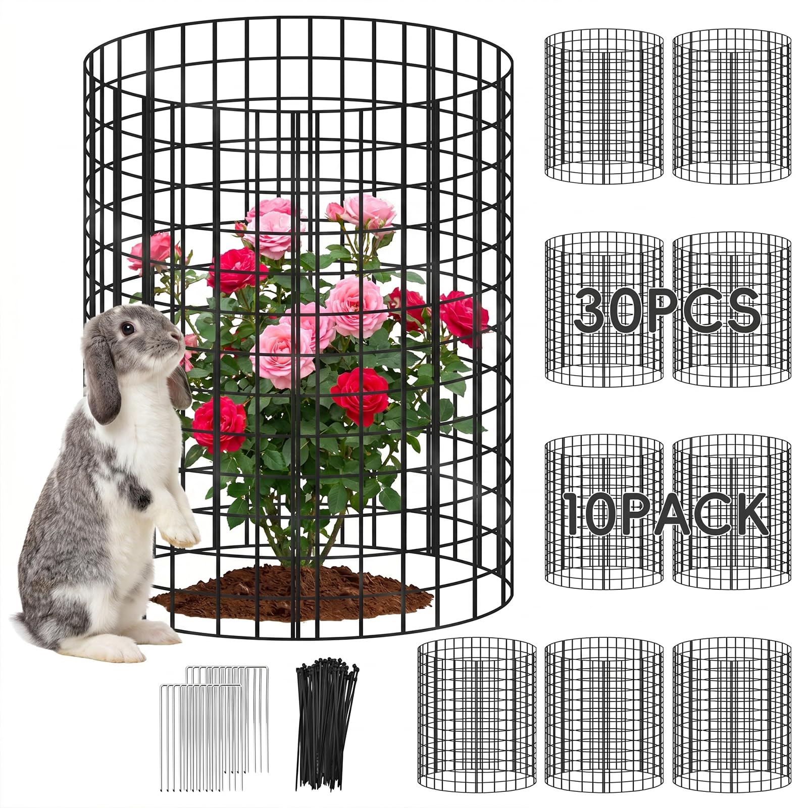 Photo 1 of 10 Packs Plant Protectors from Animals, 30Pcs 12"x 16" Large Metal Wire Mesh Garden Plant Cages for Outdoor Gardening, Chicken Wire Cloche Plant Cages for Rabbits with Zip Ties & Stakes(Black)