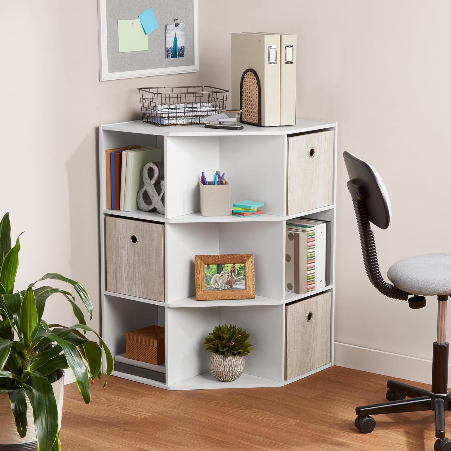 Corner Cube Storage Organizer, White, 9-Shelf Corner Bookcase, Manufactured Wood Construction, 33.46 x 25.28 x 35.39 Inches, Deep Cubby Design
