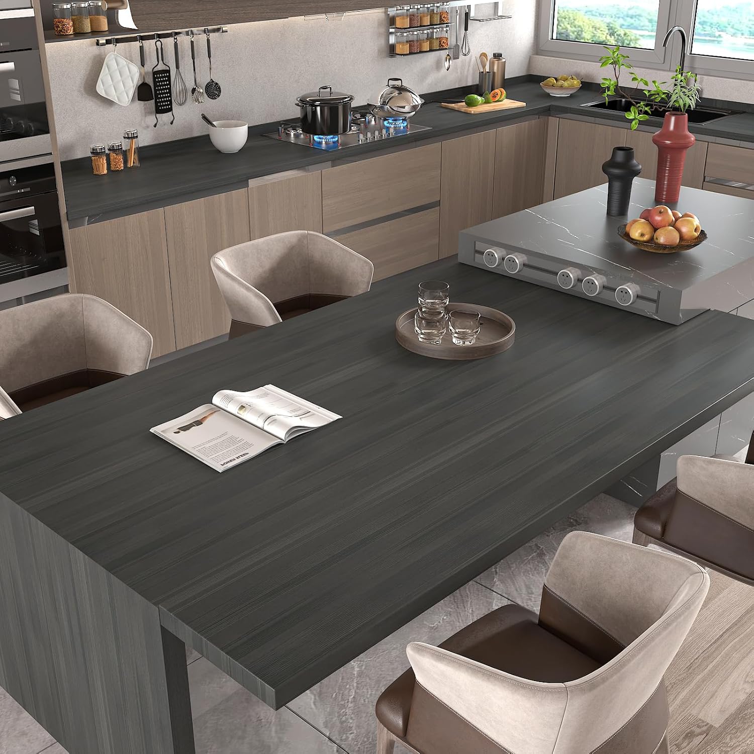 CHIHUT 17.7”x236” Dark Grey Wood Grain Textured Peel and Stick Wallpaper Rustic Modern Farmhouse Self Adhesive Wood Contact Paper Removable Waterproof Wall Paper Roll for Kitchen Countertops Cabinets
