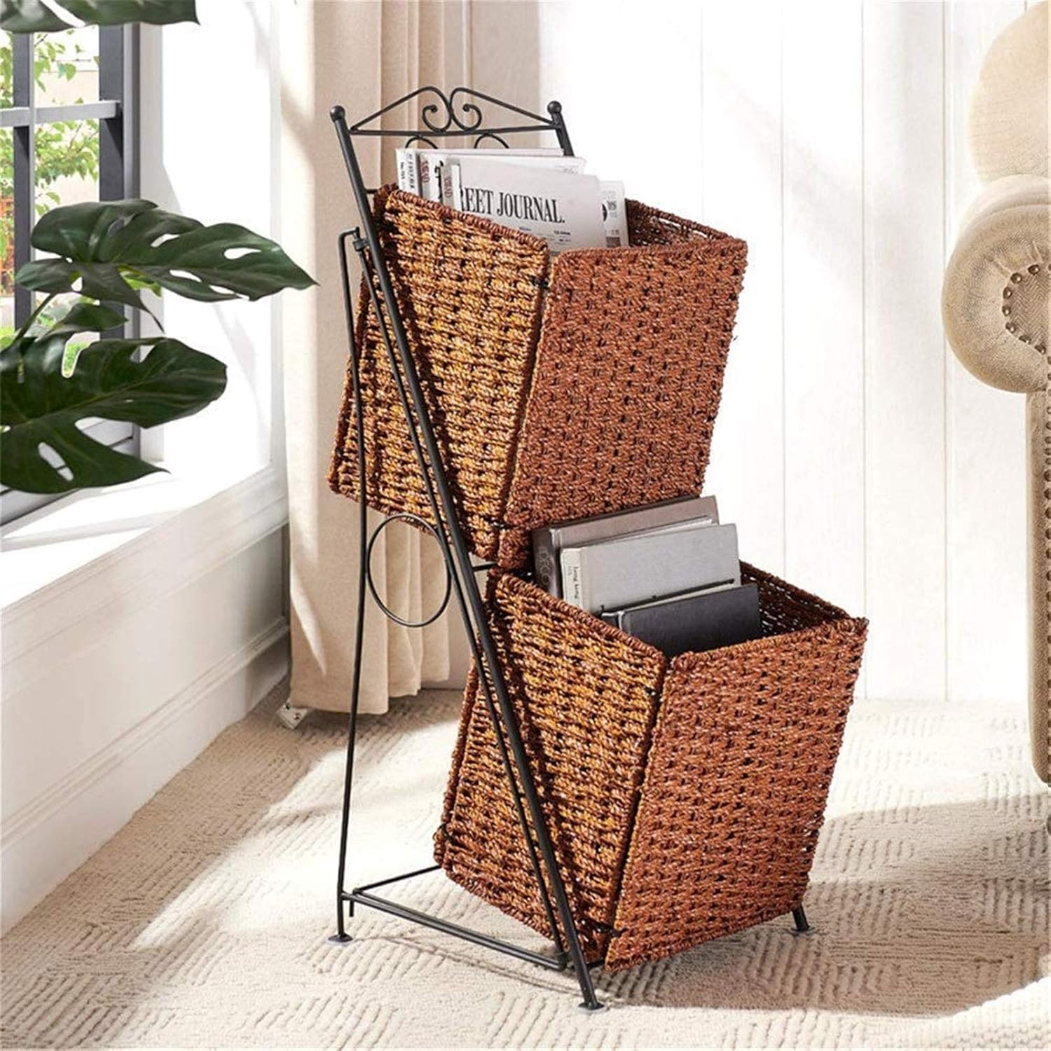 Standing Magazine Rack Multifunction Magazine Shelf Rattan Metal Weaving Free-Standing Floor Hanging Rack Multiple Possibilities Newspaper Holder (Color : Black Size : 42×32×78CM)