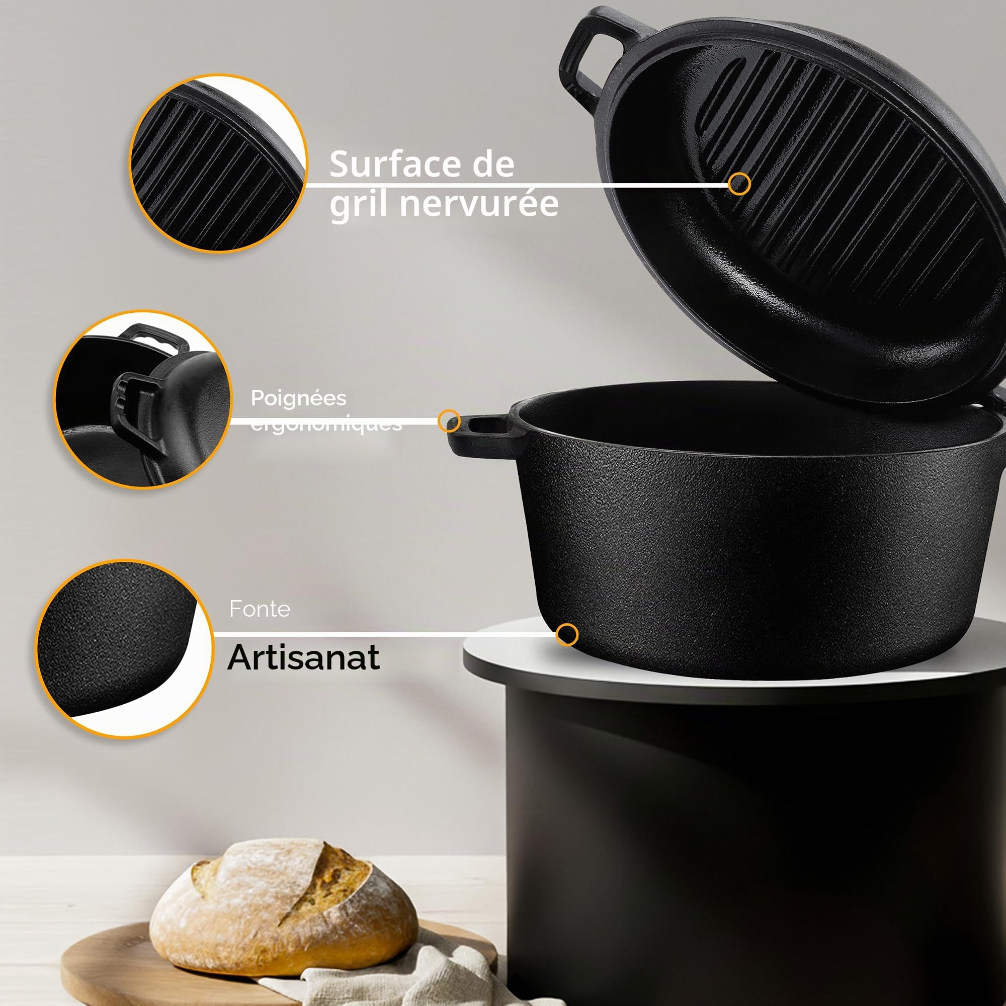 KICHLY 2 en 1 Four Hollandais en Fonte Pré-Assaisonné avec Couvercle - Poêle à Griller Double Usage Cuisson Intérieur et Extérieur
