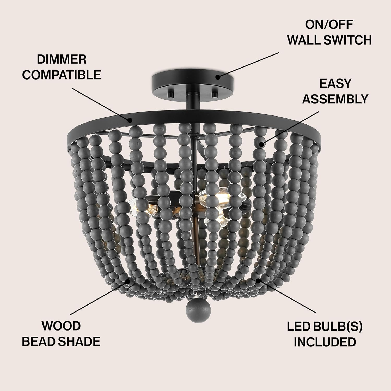 JONATHAN Y 16" Oil Rubbed Bronze and Gray 3-Light Iron and Wood Bead Semi Flush Mount, Bohemian Farmhouse Ceiling Light for Hallway Bedroom, LED Bulbs Included JYL9902A