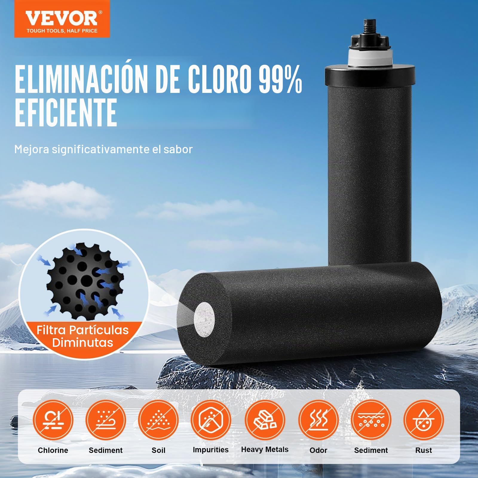 VEVOR Sistema de Filtración de Agua por Gravedad 8,5 L Sistema de Encimera Acero Inoxidable Reduce Plomo y hasta 99% de Cloro con 2 Filtros de Carbón y Grifo Nivel de Agua Visible para Camping