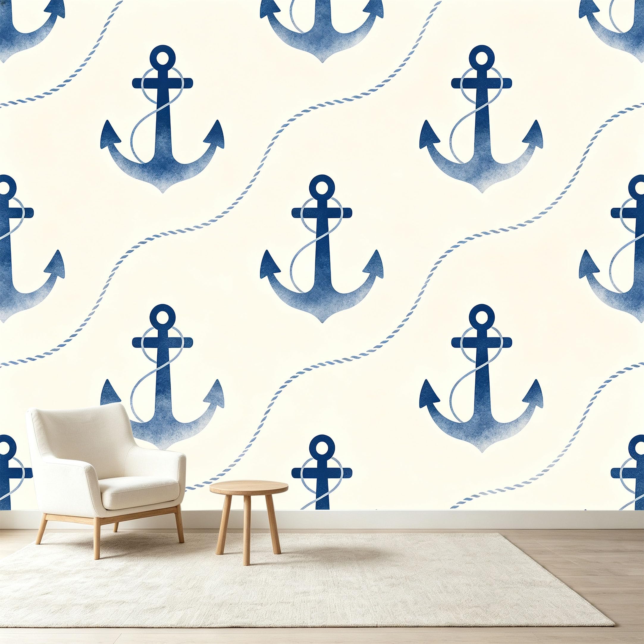 Custom Size Wall Murals Nautical Anchor Rope Watercolor Pattern Self-Adhesive Wall Fabric Removable Wallpaper Wall Decor for Living Room Bedroom Bathroom