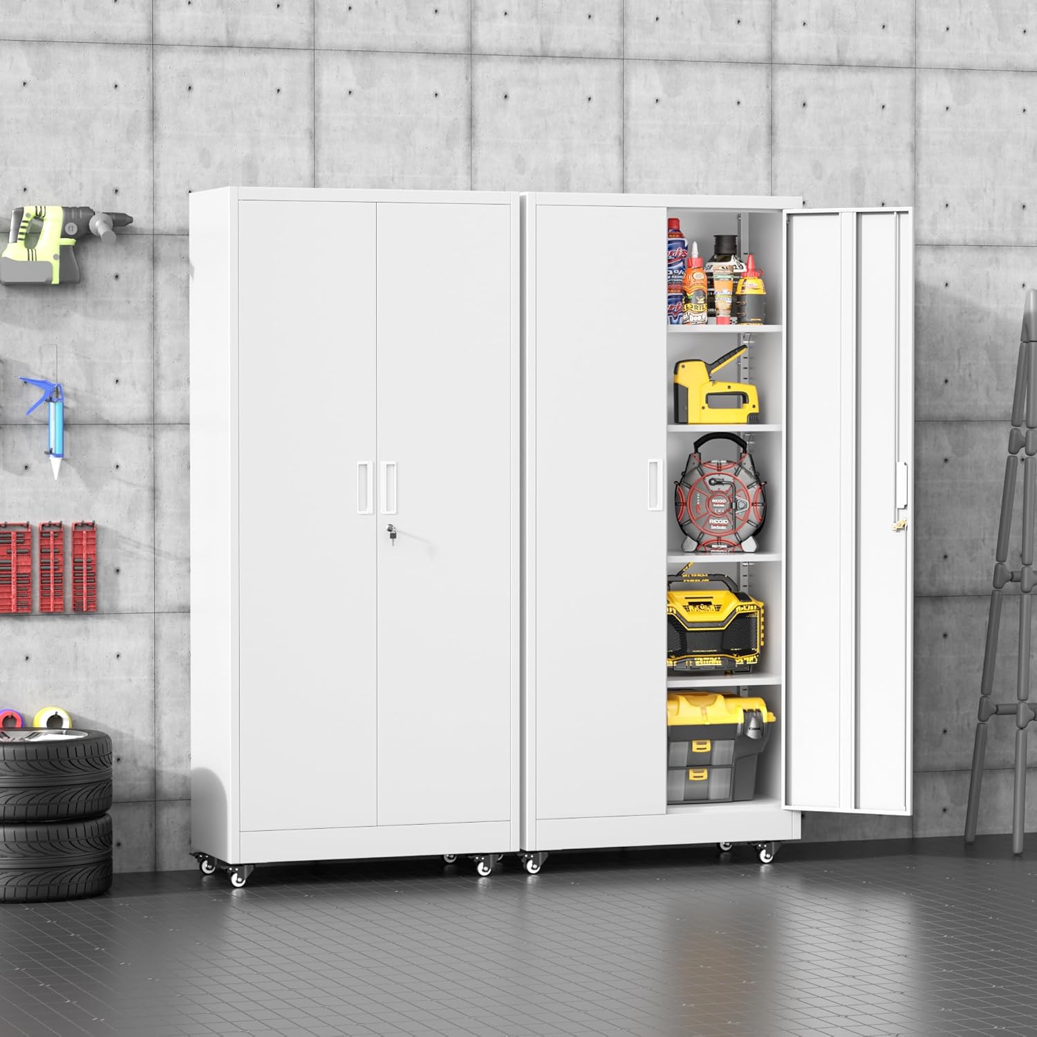 INTERGREAT Metal Storage Cabinet with Wheels, 73" Rolling Storage Cabinets with Door and 4 Shelves, Tall Storage Cabinets Locker on Caster for Home, Office(White)