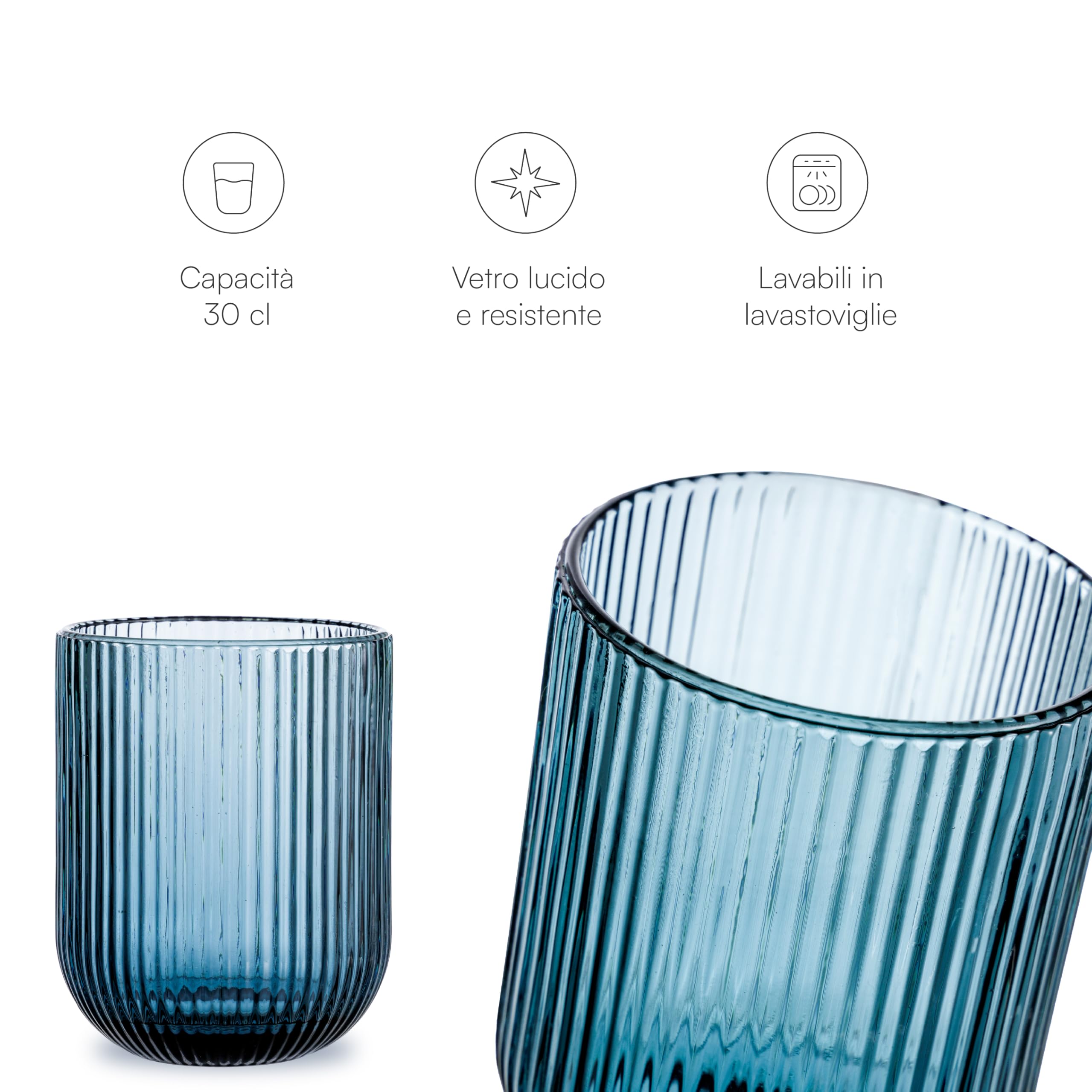 Baroni Home Set 6 pz di Bicchieri in Vetro Colorati e Decorati con Righe in Rilievo 30 CL, Bicchieri Eleganti Lavabili in Lavastoviglie, 8x8x10 cm, Blu