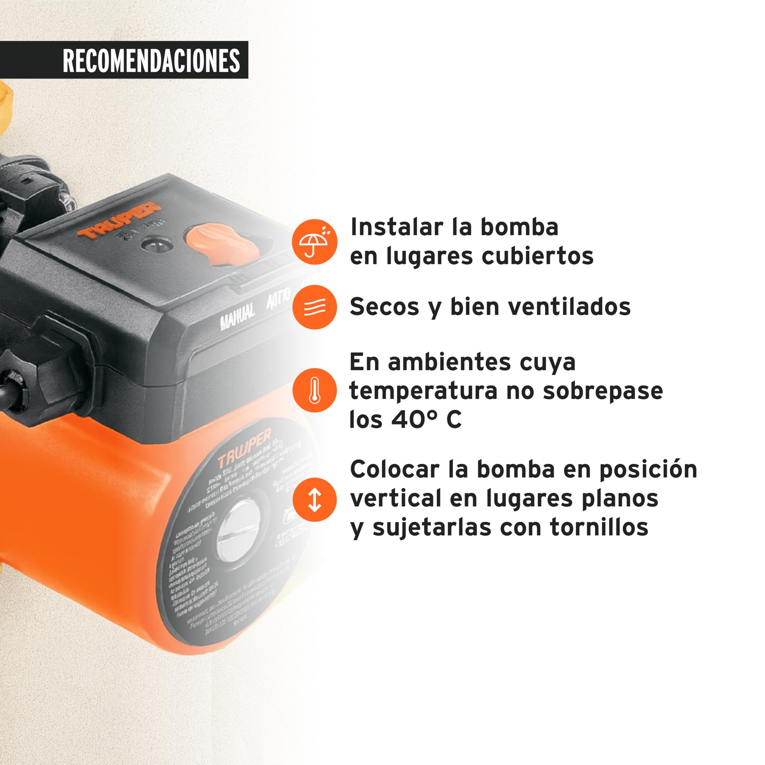 Truper Bomba de Presurización 1/6 HP, Naranja, Plástico, Above Ground, Water Pressure Pump