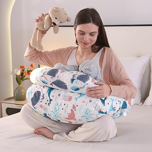 Miniatura 5 de Almohada de lactancia para lactancia materna, almohadas ergonómicas de alimentación para bebés con funda de algodón lavable extraíble, correa de