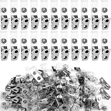Marspark 200 Pack Metal Badge Clips with Clear PVC Straps Double Hole ID Badge Clips for Name Tag ID Cards and Holders, Office SuppliesSilver