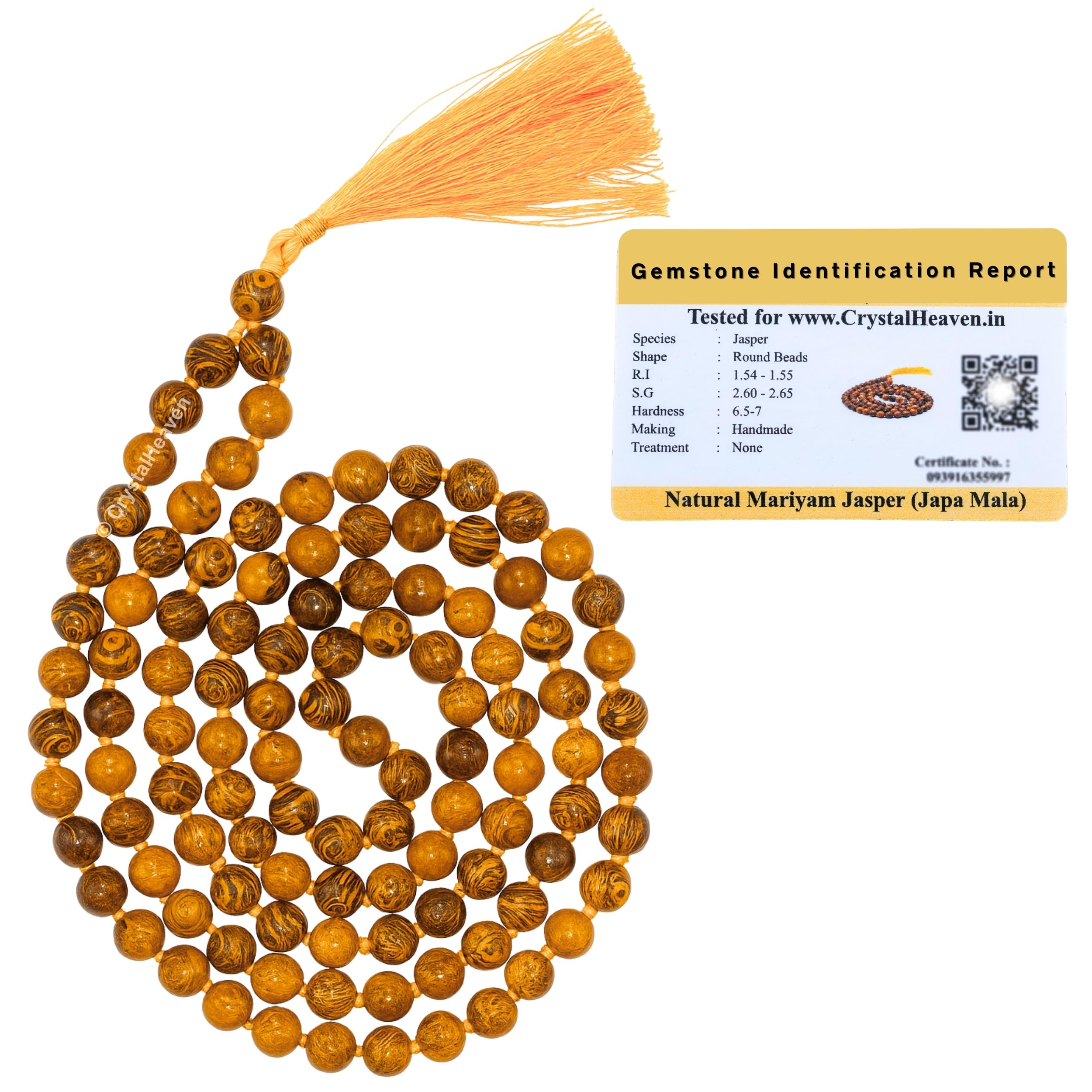 Certified Mariyam Jasper Crystal Japa Mala Ganthi - 108 Beads Buddhist Prayer Beads - AAA Grade Original Healing Gemstone Agate Mala for Yoga Meditation Spiritual Reiki Feng Shui