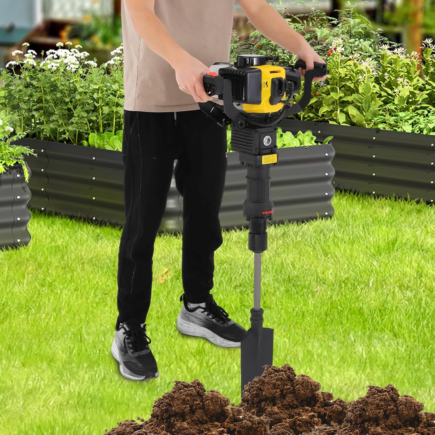 52cc 2-Stroke Portable Excavator Garden Tree Digger, Gas Powered Trench Digger Handheld Trencher Machine Single Cylinder 1900w, Gas Power Shovel for Digging Garden Farm, Yellow