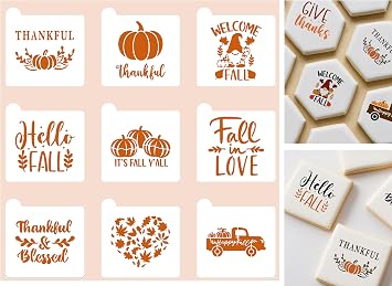 Fall Cookie Stencils Set, 9Pieces, Autumn Designs Stencils with Pumpkins and Leaves, 4 x 4 inches