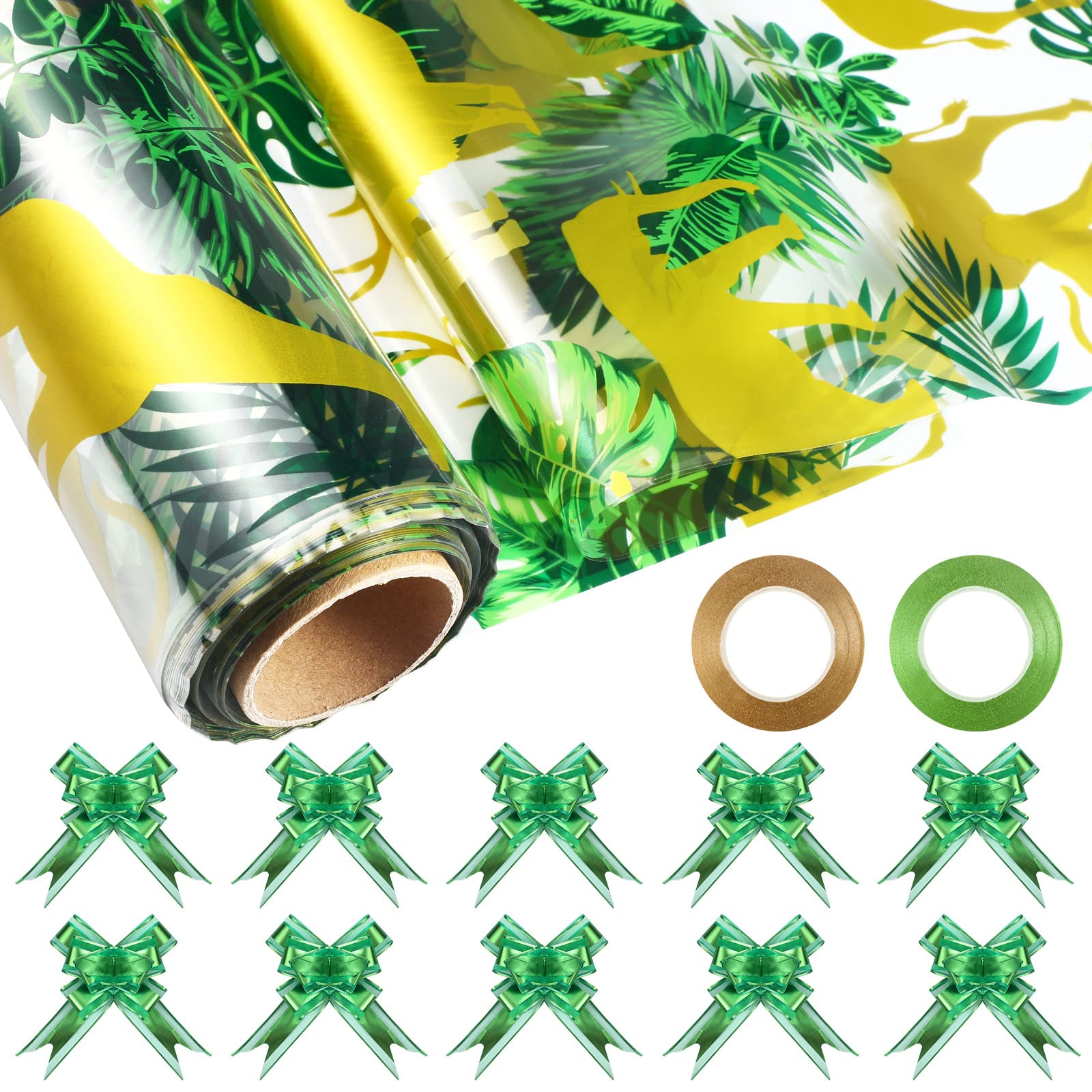 Geyee Safari Cellophane Wrap Roll with Pull Bows and Ribbons 98 Feet x 32 Inches Cellophane Wrap Jungle Animal Gift Wrapping Paper for Jungle Safari Baby Shower Birthday Summer Party Supplies