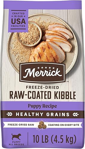 Merrick Healthy Grains - Croquetas crudas liofilizadas, alimento natural para cachorros con alto contenido de proteínas, pollo y arroz integral,