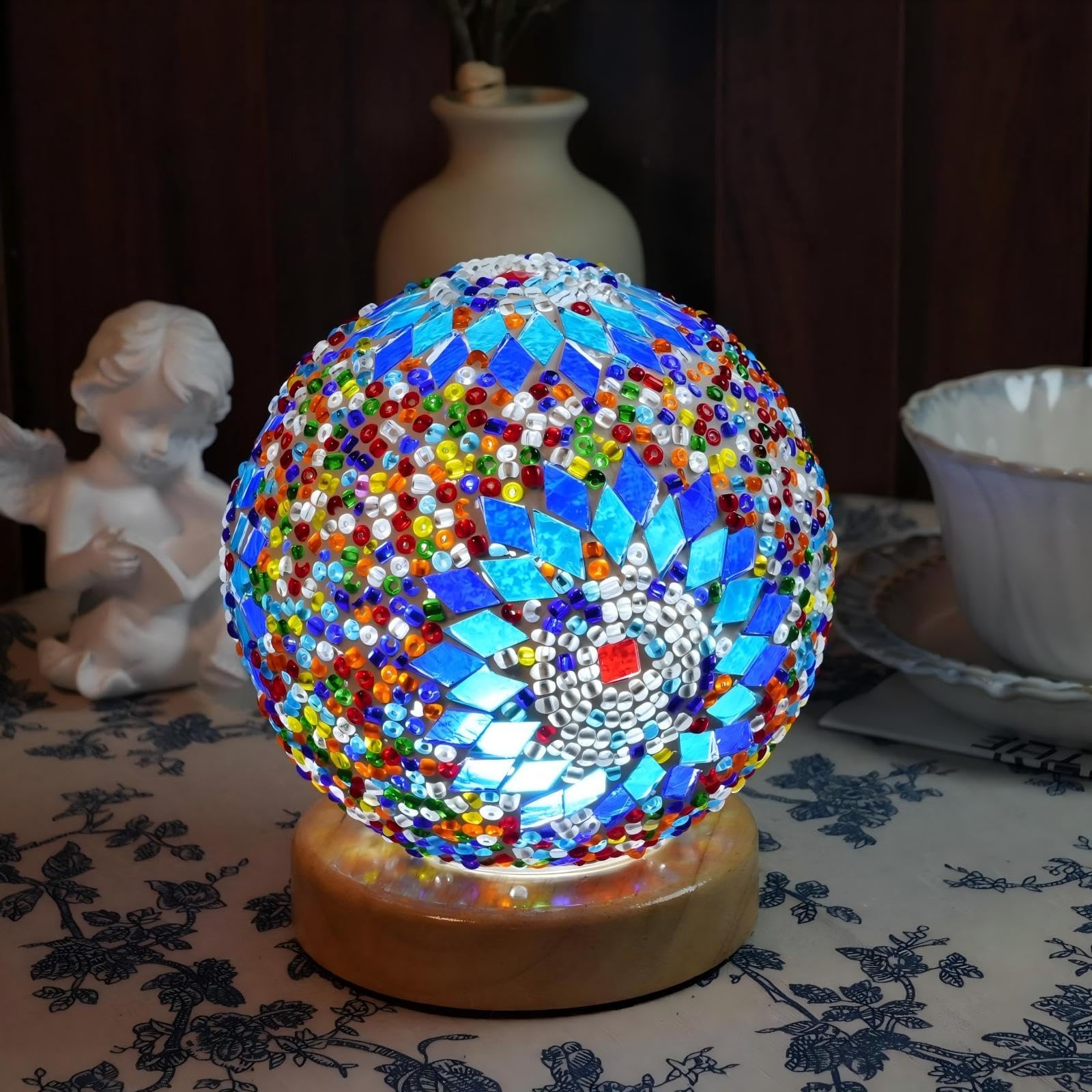 Turkish Table Lamp (D 4.7 x H 5.2 inches), Mosaic Glass Lamps with Wooden Base, Bohemian Tiffany Style Bedside Lamps, USB Power Supply Moroccan Lantern for Living Room Bedroom Decorations