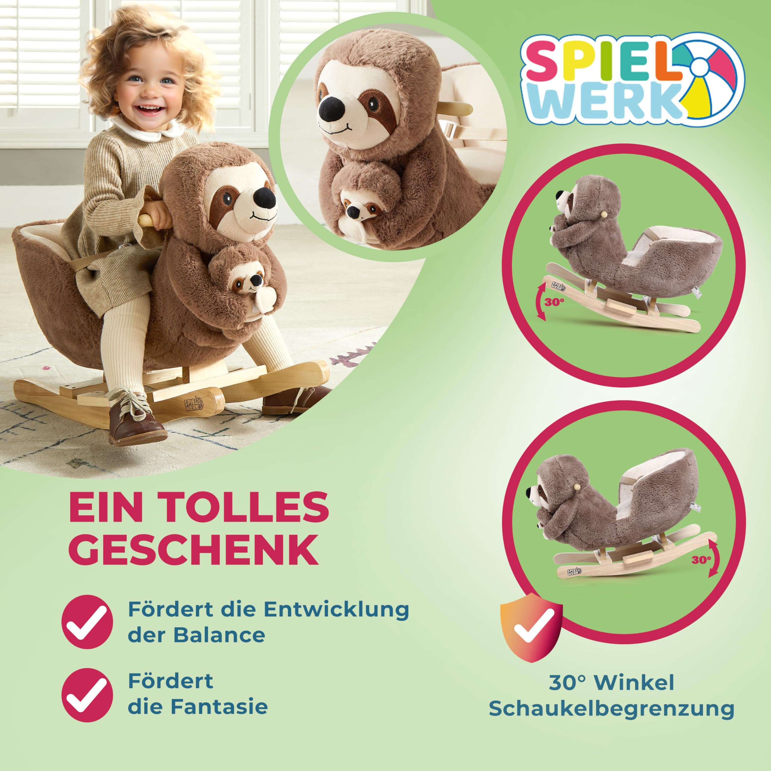 Deuba Spielwerk® Schaukeltier Faultier mit Babyfaultier inkl. Sound Effekt Sicherheitsgurt Plüsch Schaukel Wippe Kinder Baby Spielzeug Balancetraining besonders weich Schaukelpferd