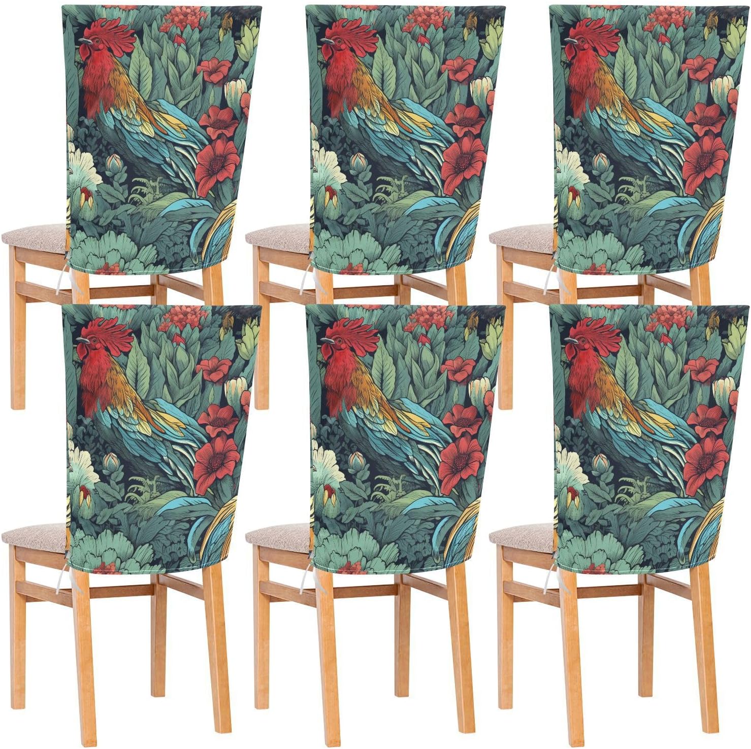 ALAZA Cactuses Flowers Rooster Chair Back Cover Set of 6, Washable Reusable Removable Chair Slipcovers Decorative Chair Cover for Home Kitchen Wedding Party