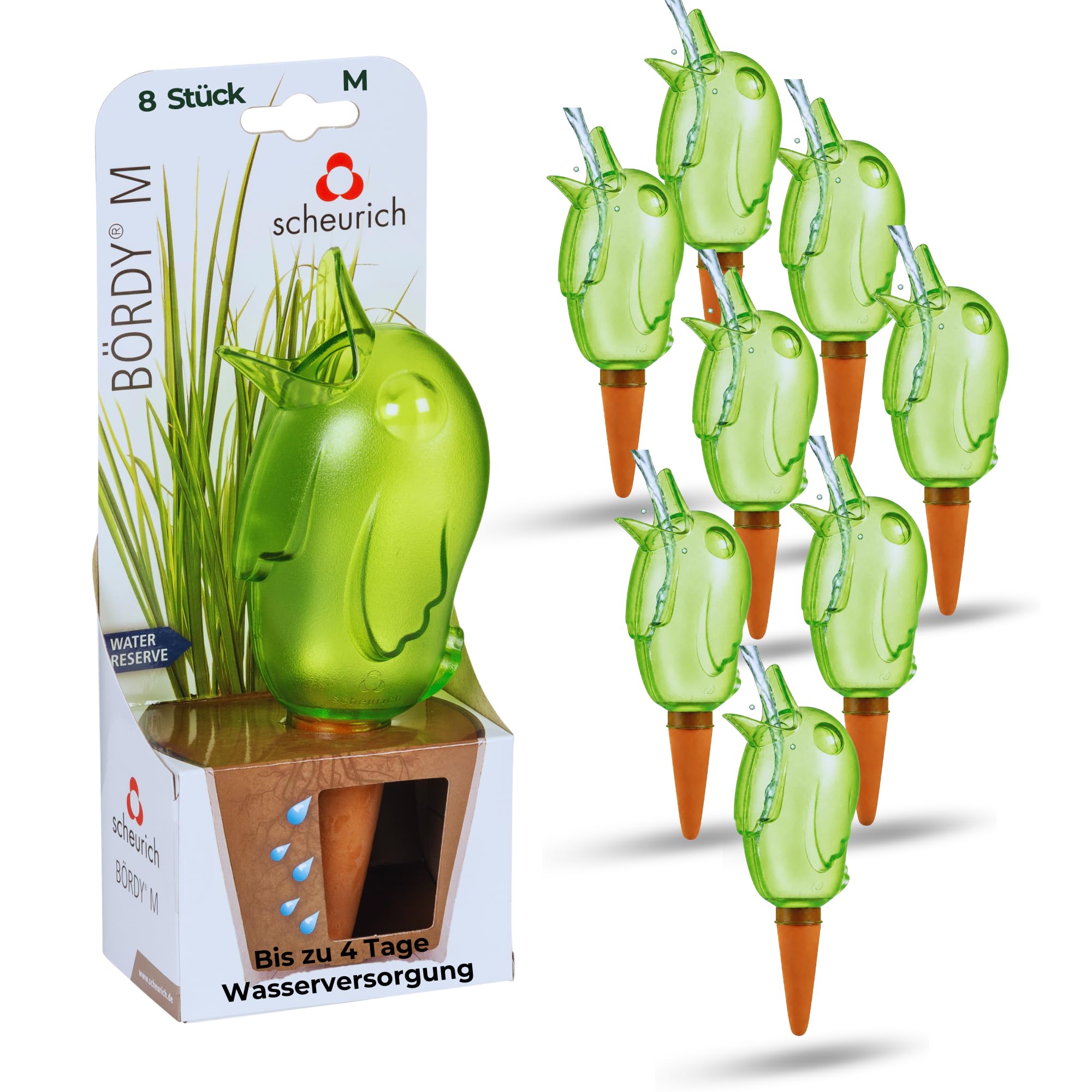Scheurich Wasserspender Bördy M | 8 x Grün | 220ml Füllmenge | Bewässerungskugeln klein mit Ton Fuß | Wasserspender Pflanzen und Blumen Terrakotta Stiel