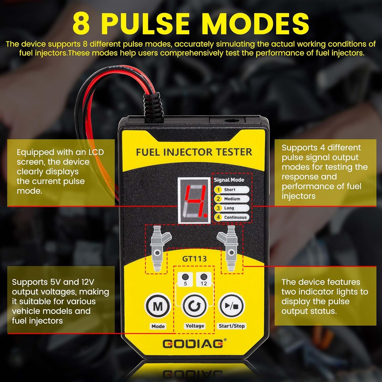 Diagram explaining the 8 pulse modes and their functions on the GODIAG GT113