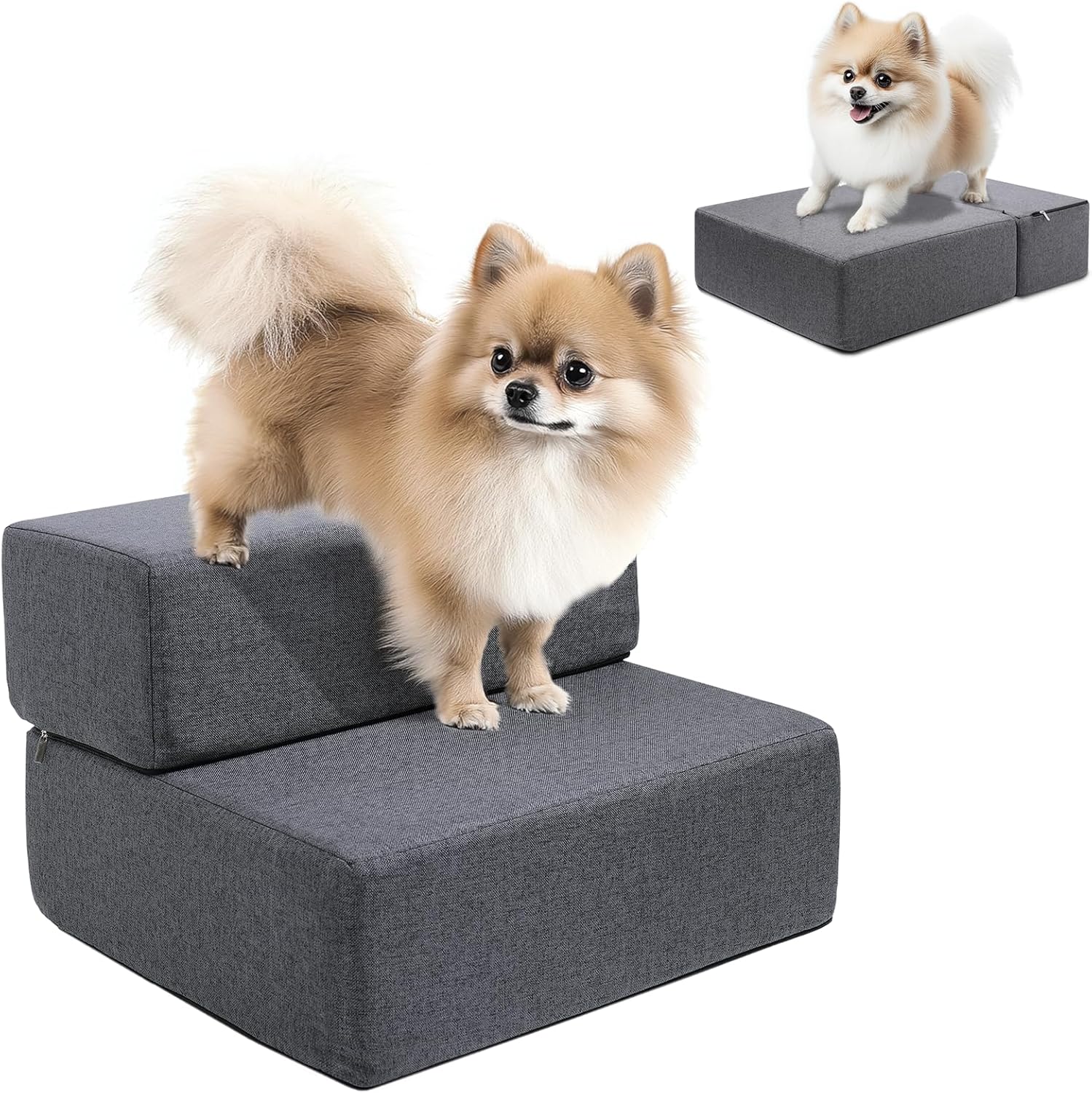 Dog Stairs for Small Dogs 12" H, Modular 2-Step Dog Steps for Bed and Couch, Non-Slip Indoor Pet Stairs for Cats, Pet Step with Washable Cover Grey