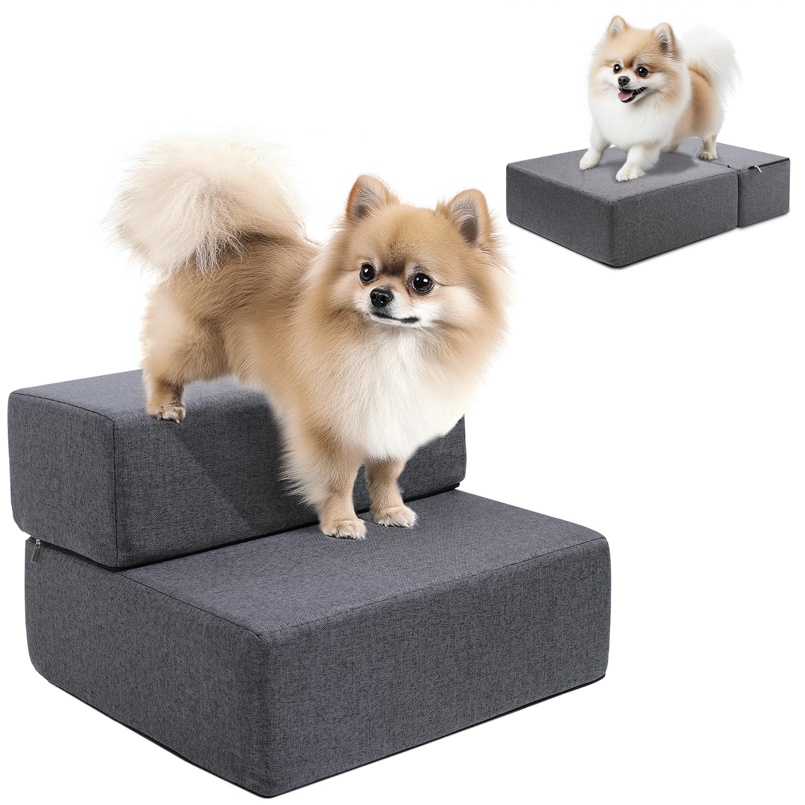 Scaletta per cani di piccola taglia, altezza 30,5 cm, modulare, a 2 gradini, per letto e divano, antiscivolo, per interni, per gatti, gradini per animali domestici con rivestimento lavabile, grigio
