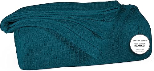 Cotton Clinic Manta de cama de punto gofre 100% algodón, para todas las estaciones, suave, transpirable, ligera, capa perfecta para sofá, cama,