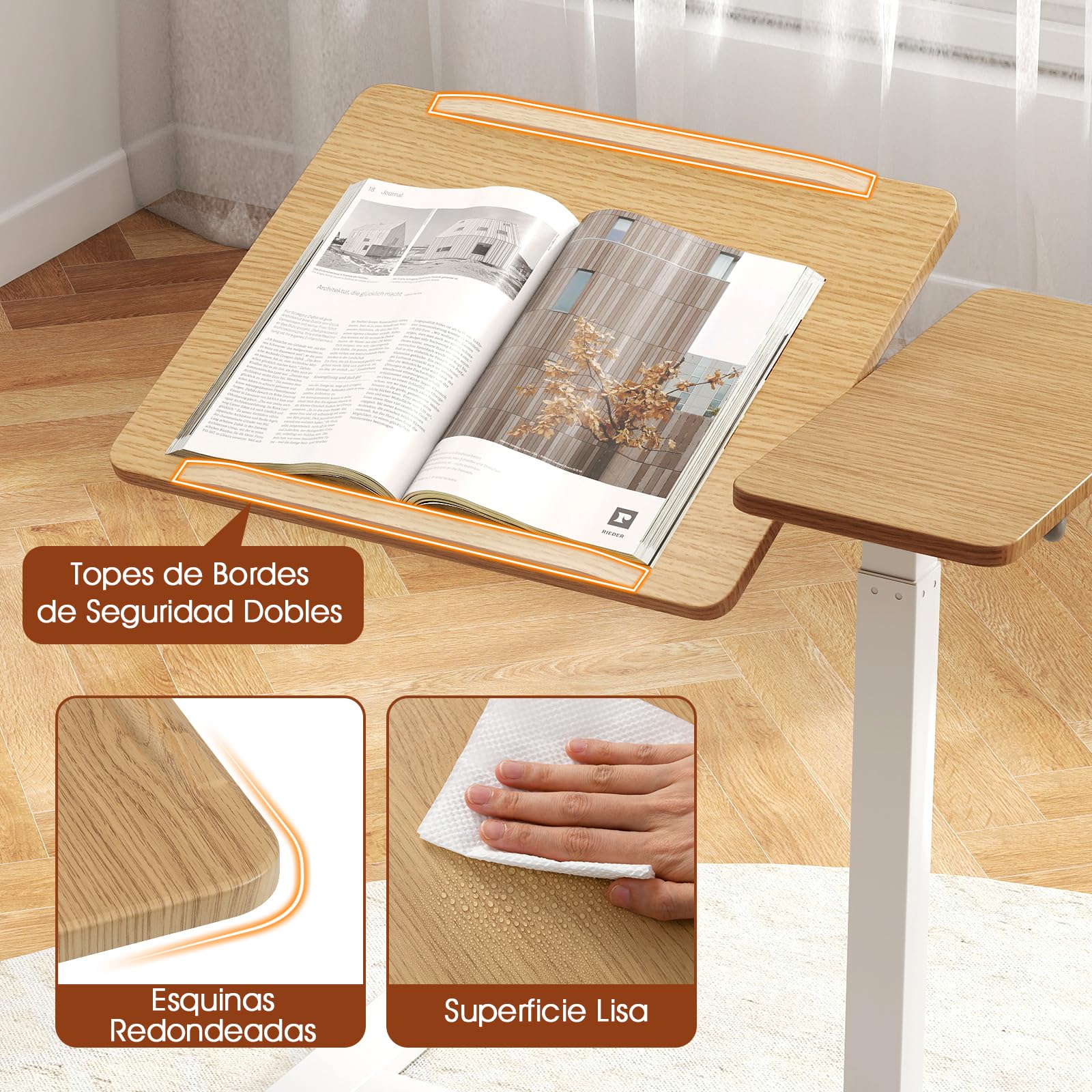 COSTWAY Mesa Auxiliar con Ruedas, Tablero Inclinable y Topes Dobles, Altura Ajustable, Mesita en Forma de C para Sofa Cama Salon Dormitorio Hospital, 68 x 49 x 70-103.5 cm, Natural