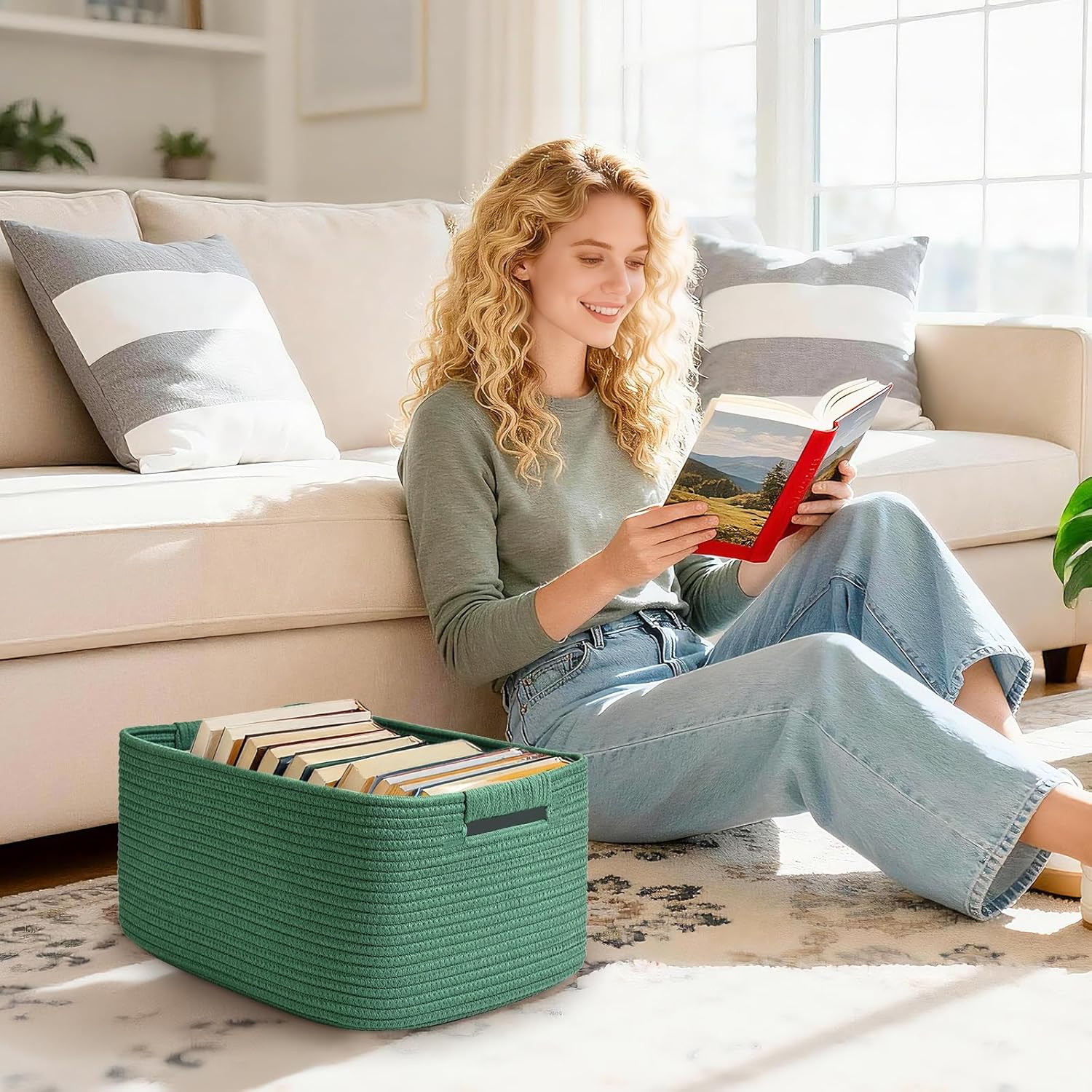 4 Pack Large Storage Basket for Organizing, 17.5"x13"x7" Woven Basket for Shelves, Closet Cube Storage Bins with Wrapped Handle, Cotton Rope Baskets for Kitchen, Clothes, Toys(Green)