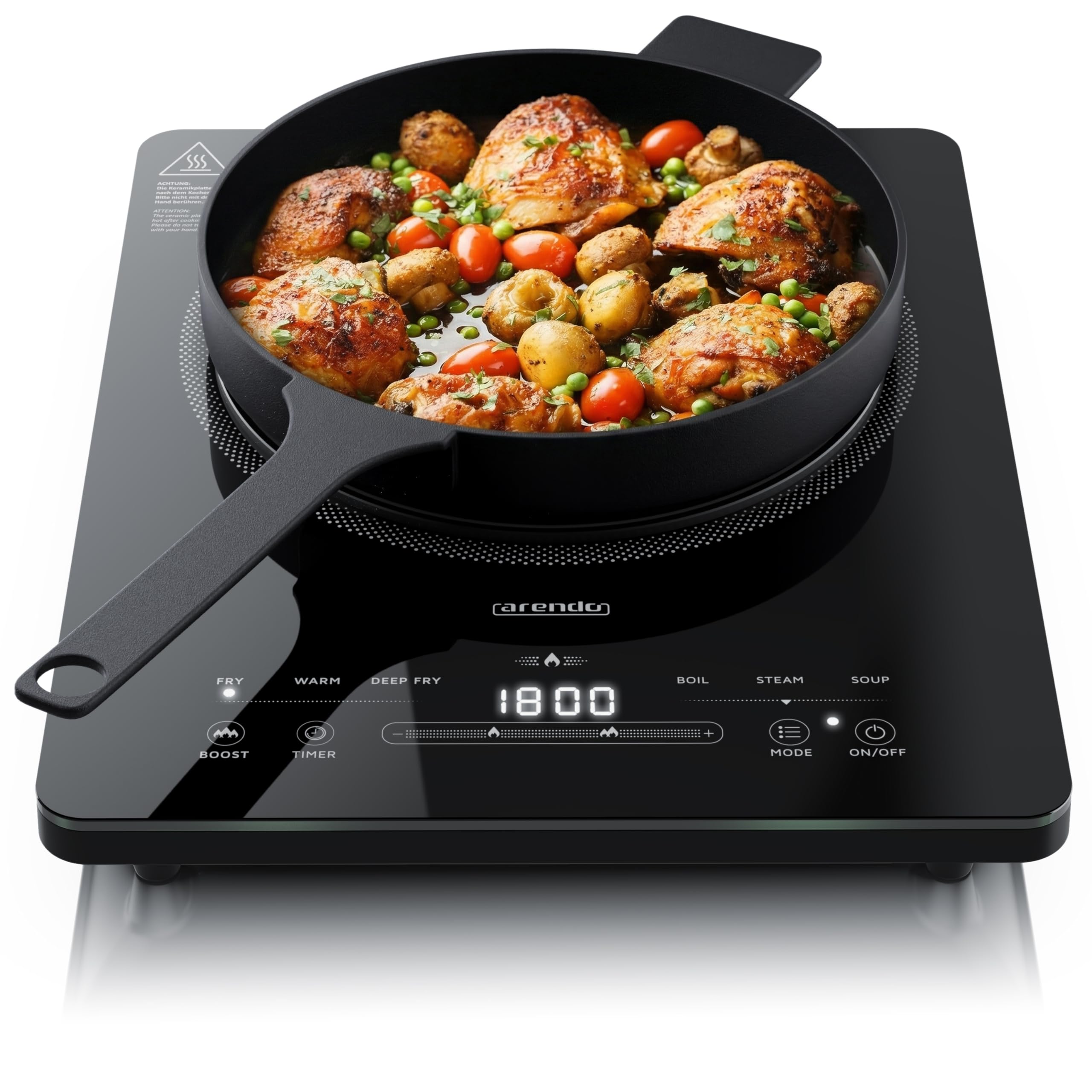 Arendo - Kochplatte Induktion 2200 Watt - Induktionskochplatte - 9 Leistungsstufen - 120-2200 W - mobil - 1 Induktionskochfeld - Sensor Touch Bedienfeld - Timer - Überhitzungsschutz