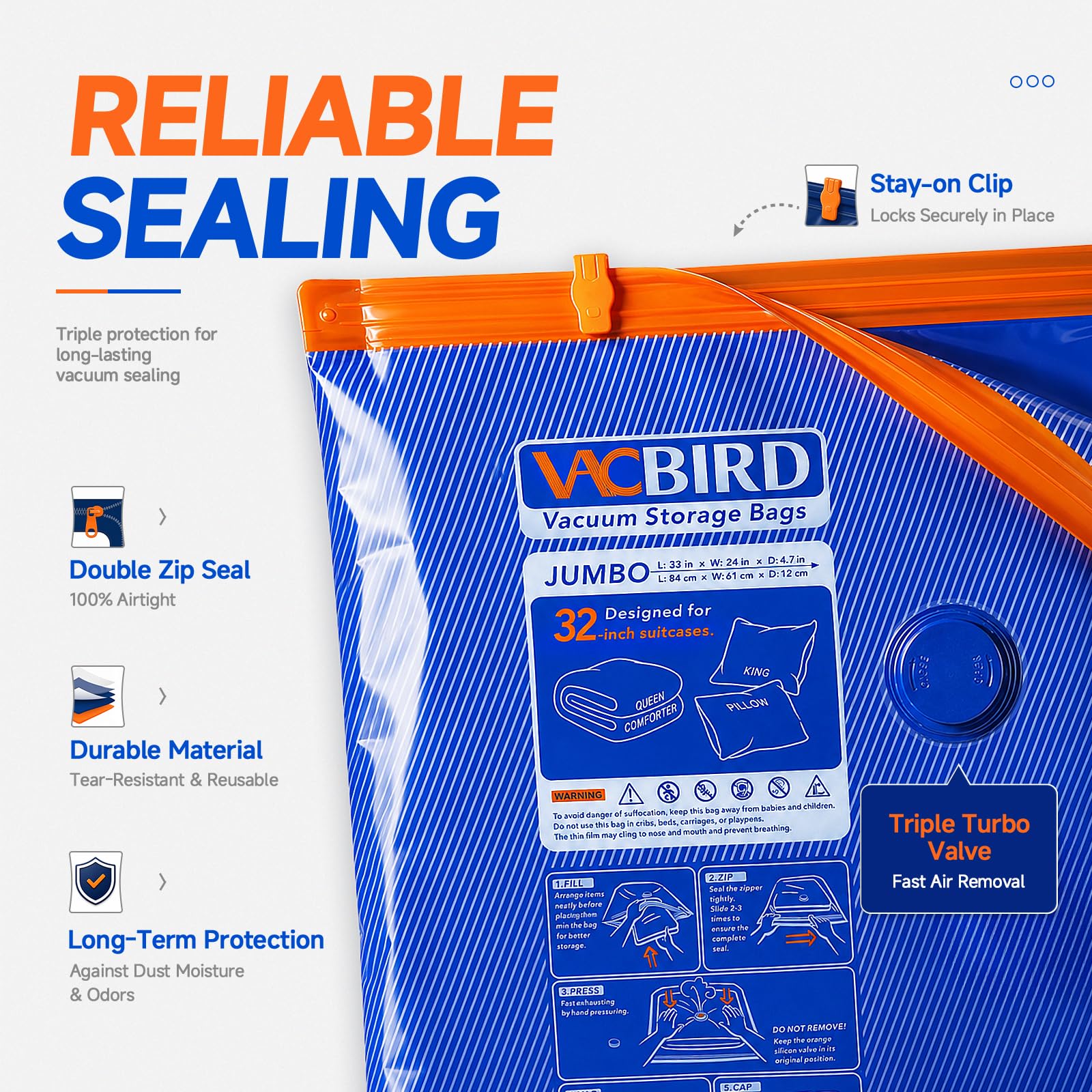 Vacbird Große Vakuumbeutel für Kleidung mit Pumpe für Kleiderschrank | 20 Stück, 4500 Pa Saugleistung, kabellose Akku-Pumpe, erweiterbarer Boden, mehr Volumen, ideal für Umzug & dicke Kleidung