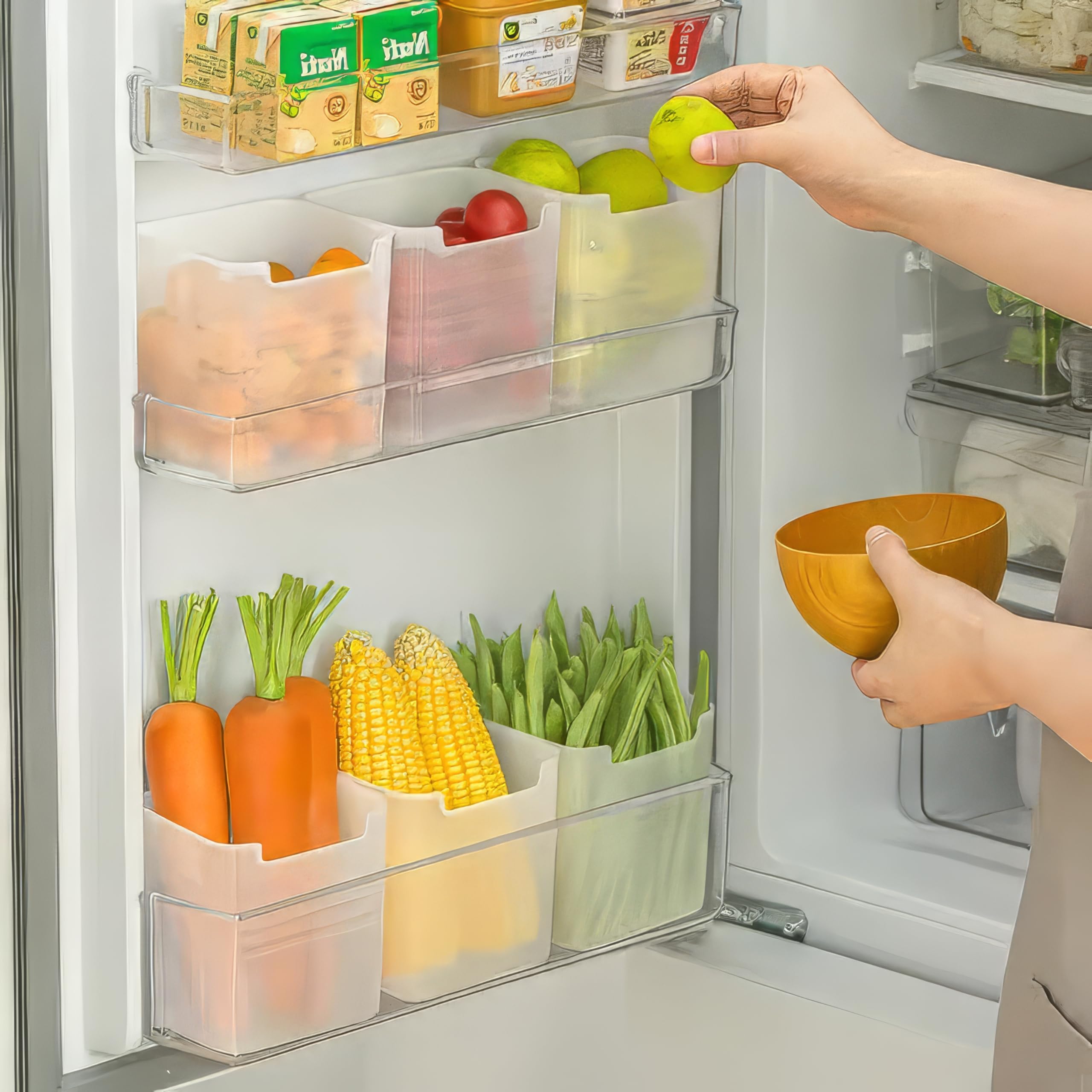 flymore Plastic Fridge and Freezer Bins, Set of 6, Large, for Food Storage, Beverage Holder, Pantry Organizer - Refrigerator Door Space and Cabinet Kitchen Essential (Frosted)