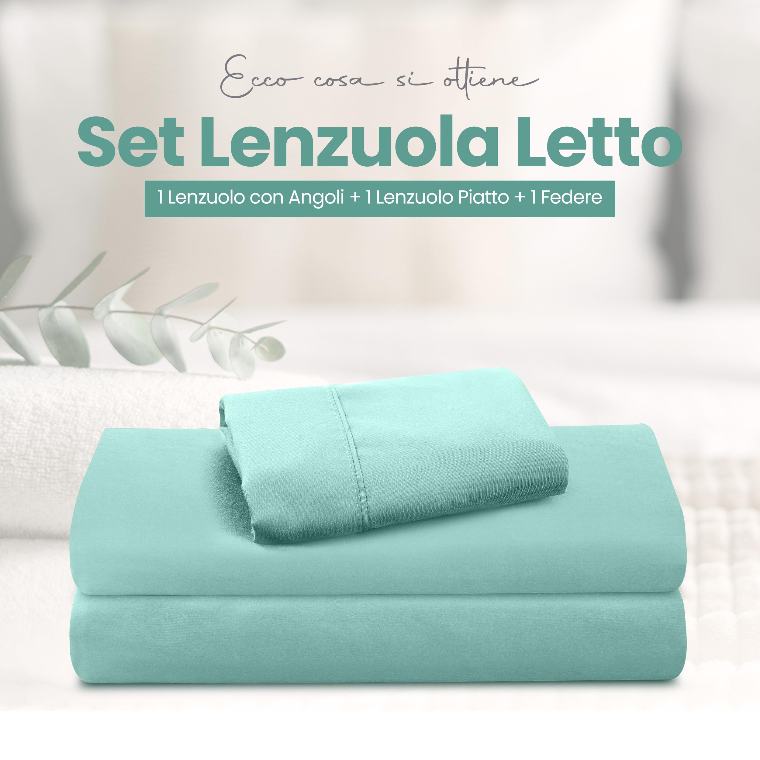Utopia Bedding - Set Lenzuola Letto Singolo 3 Pezzi 90x190 cm - Spazzolata Poliestre di Microfibra - Oeko-Tex Certificato - Lenzuolo con Angoli, Lenzuolo Piatto e 1 Federa 50x75, Blu Spa