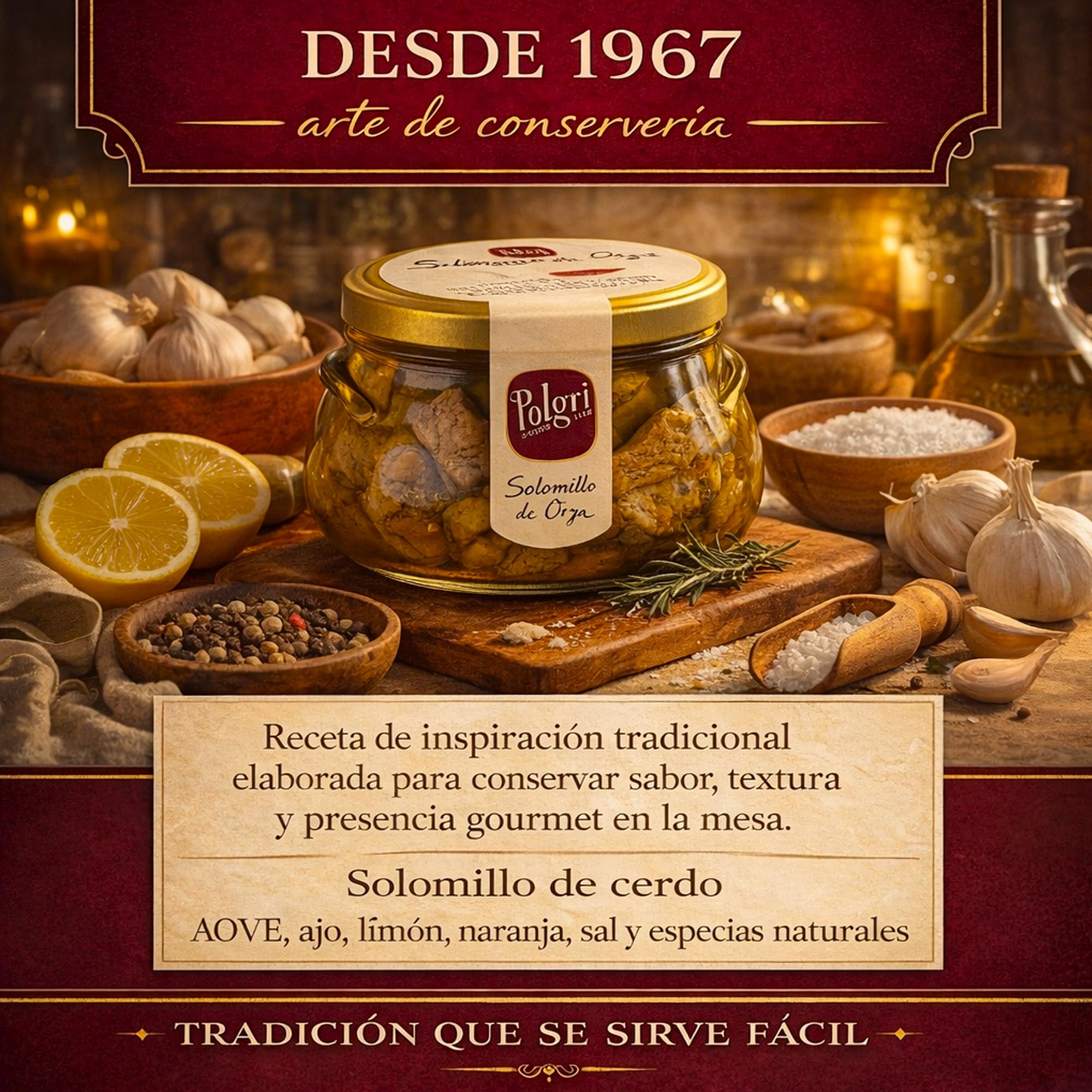 POLGRI Solomillo de Orza Lomo de Orza Conserva Gourmet de Cerdo en AOVE 850 ml Receta Manchega Tradicional