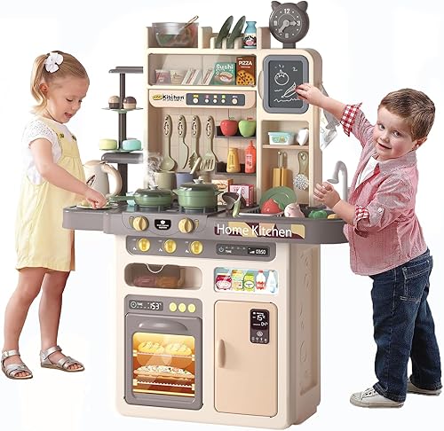 Miniatura 6 de Play Kitchen- Juego de cocina de comida de simulación, juego de accesorios de juguete con sonidos reales y luz, fregadero de juegos, estufa de
