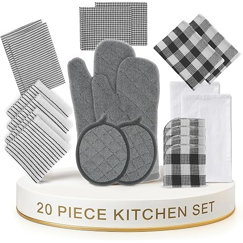 LANE LINEN Kitchen Towels & Dishcloths Set - 20-Piece Kitchen Essentials for New Home, Heat-Resistant Oven Mitts & Pot Holder, Absorbent Flour Sack Towels - Black