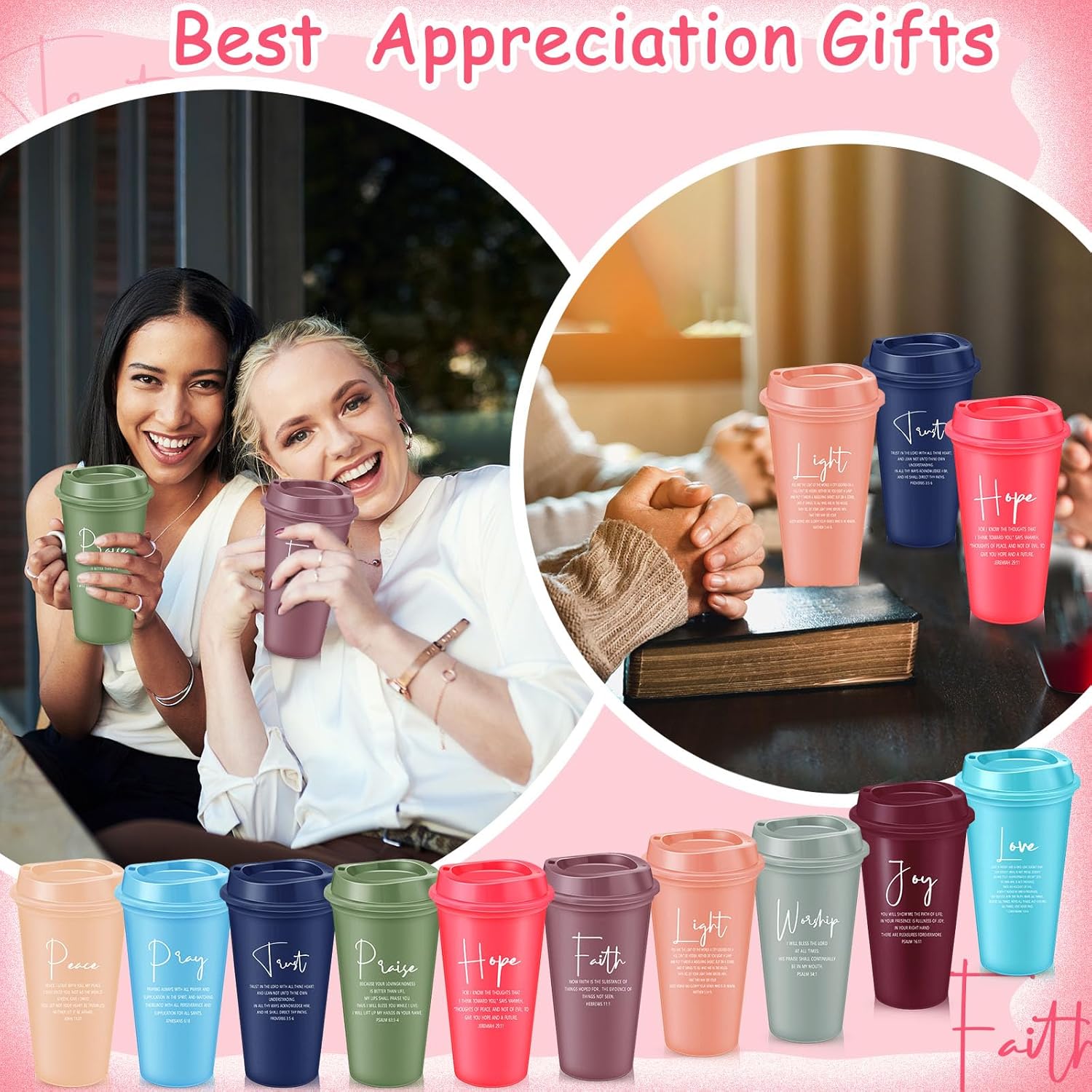 LemonRoad 40 Pcs Christian Gifts for Women Men 16 oz Christian Plastic Coffee Cups with Lids Double Sided Scripture Bible Verse Religious Tumblers Mugs for Church Appreciation Gifts(Macaron Color)