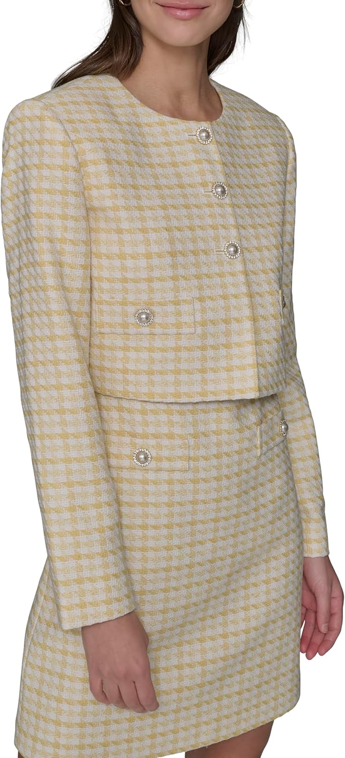 KARL LAGERFELD womens Tweed Printed Scoop Neck Cropped Jacket - Image 6