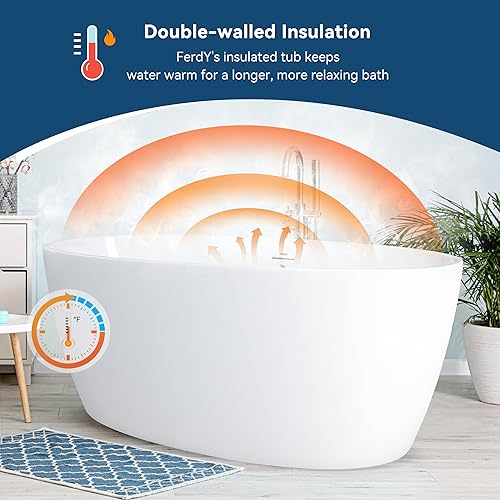 Miniatura 110 de FerdY Bali - Bañera de acrílico independiente, bañera de inmersión independiente con forma graciosa, certificado CUPC blanco brillante, drenaje