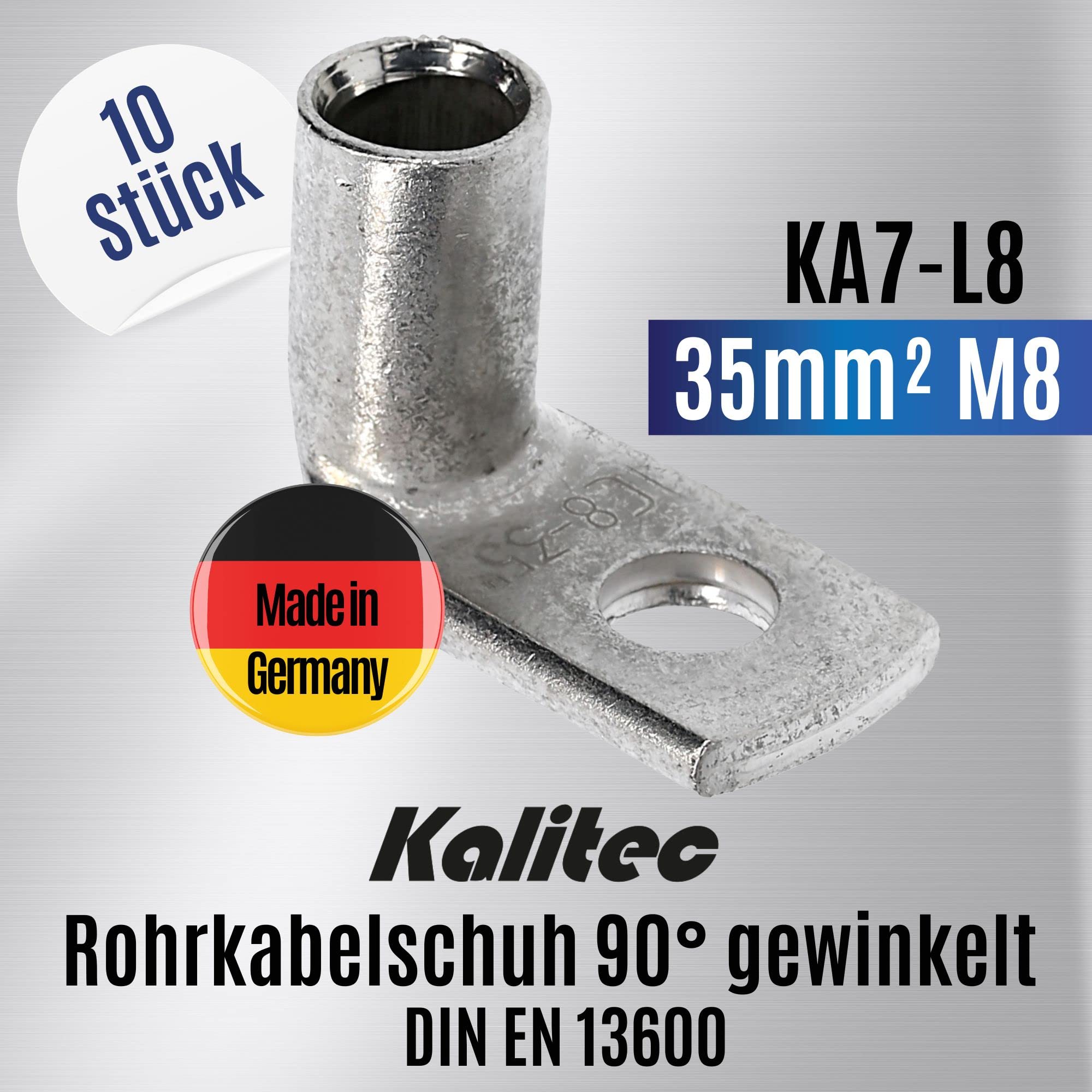 Kalitec 10x Cosse Tubulaire Coudée 35 mm² M8 - Connecteur à Sertir 90° | Cuivre étamé anticorrosion de haute pureté, certifié UL. Pour câbles de voiture, installations solaires et domestiques.