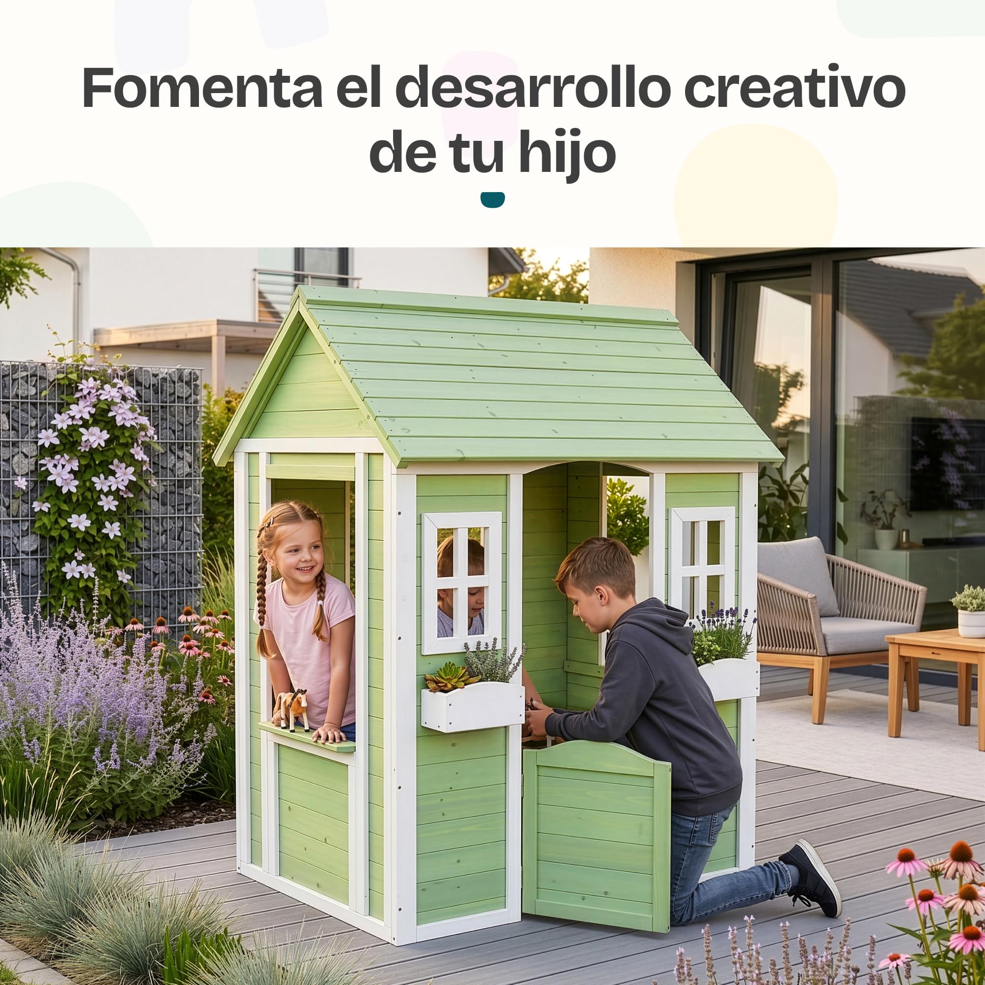 [en.casa] Casita Infantil Kuoldsvin Casa de Niños Exterior con Jardineras Casa de Juegos con Ventanas y Puerta Madera de Abeto 144 x 107 x 90 cm - Verde/Blanco